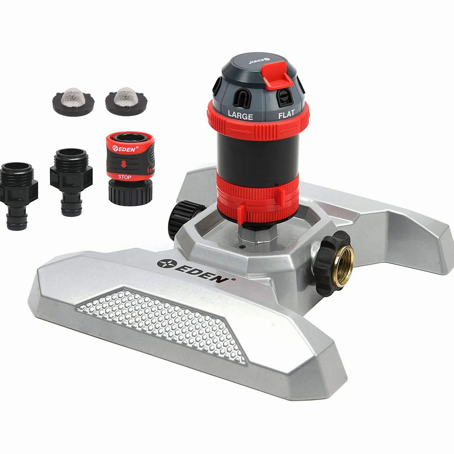 Eden 96122 Arroseur de Jardin Rotatif Mobile en métal réglable à 6 Modes pour Cour avec kit de démarrage à Connexion Rapide, arrose jusqu'à 24,4 m de diamètre