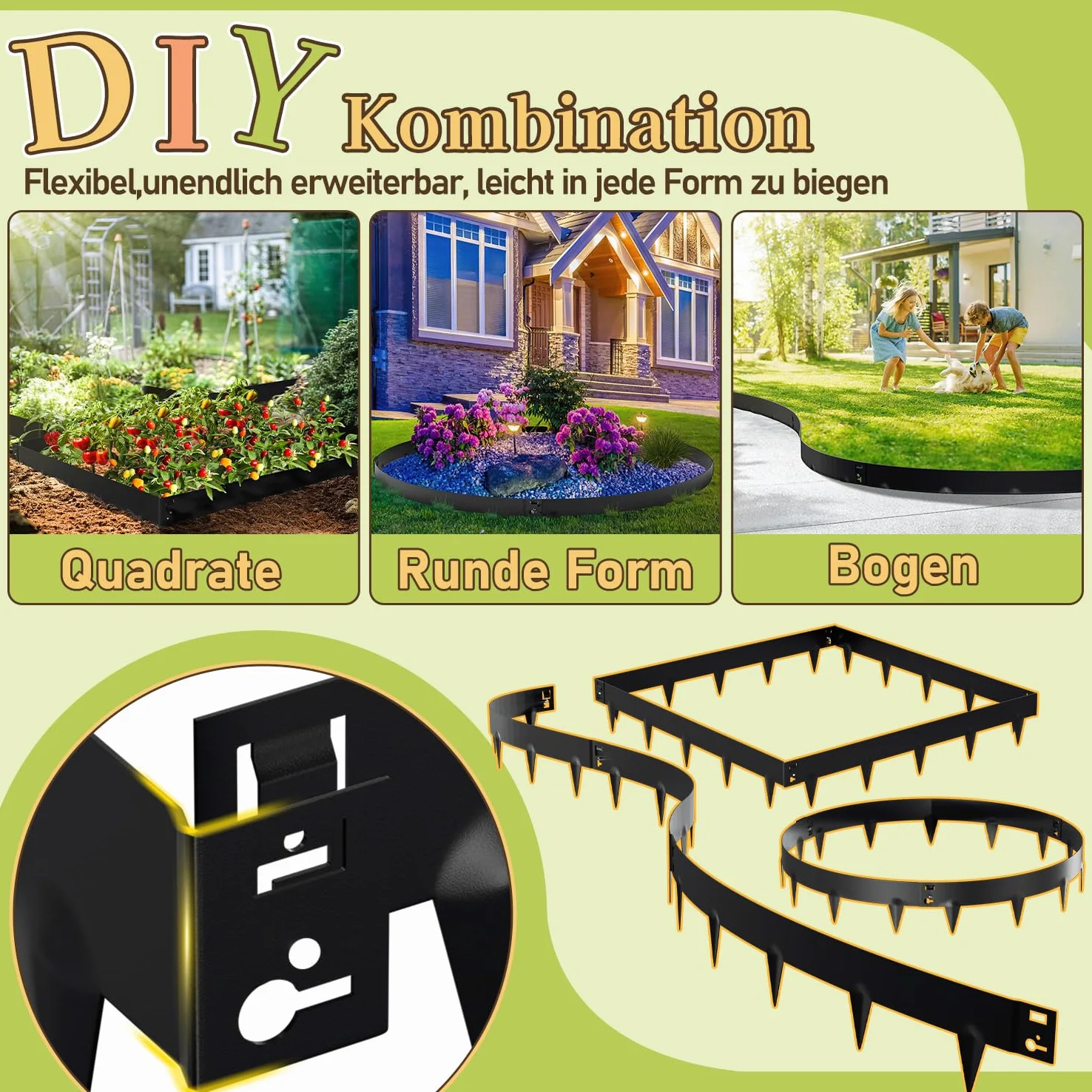 Bordure de pelouse en métal - 100 x 18 cm - Tour de lit avec épines - Flexible et déformable - Tour de lit pour cour, jardin, ferme - Noir (longueur 5 m - Hauteur 18 cm)