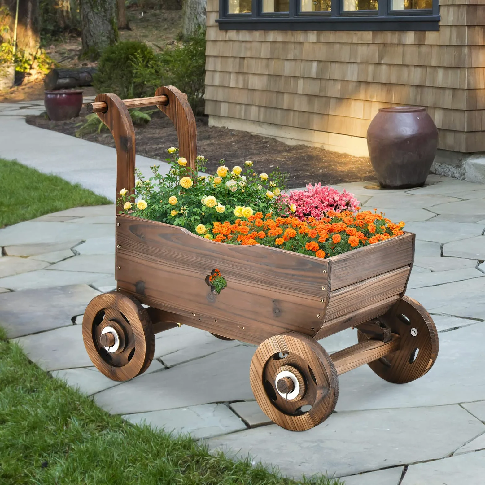 FANTASK Chariot à Fleurs en Bois avec Roues et poignée, Chariot de Plantation avec Trou de Drainage, Diable Rustique, pour Jardin, terrasse, Pot de Fleurs, brouette, décoration de Jardin, jardinière