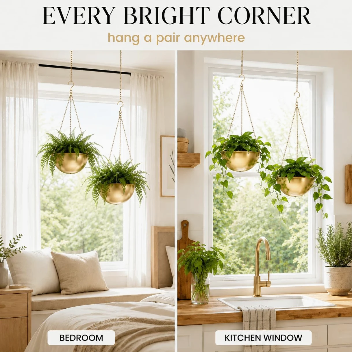 AceList Lot de 2 jardinières dorées à suspendre pour plantes d'intérieur – 24 cm – Suspension bohème en métal avec crochets, support de plante suspendu pour fenêtre et plafond