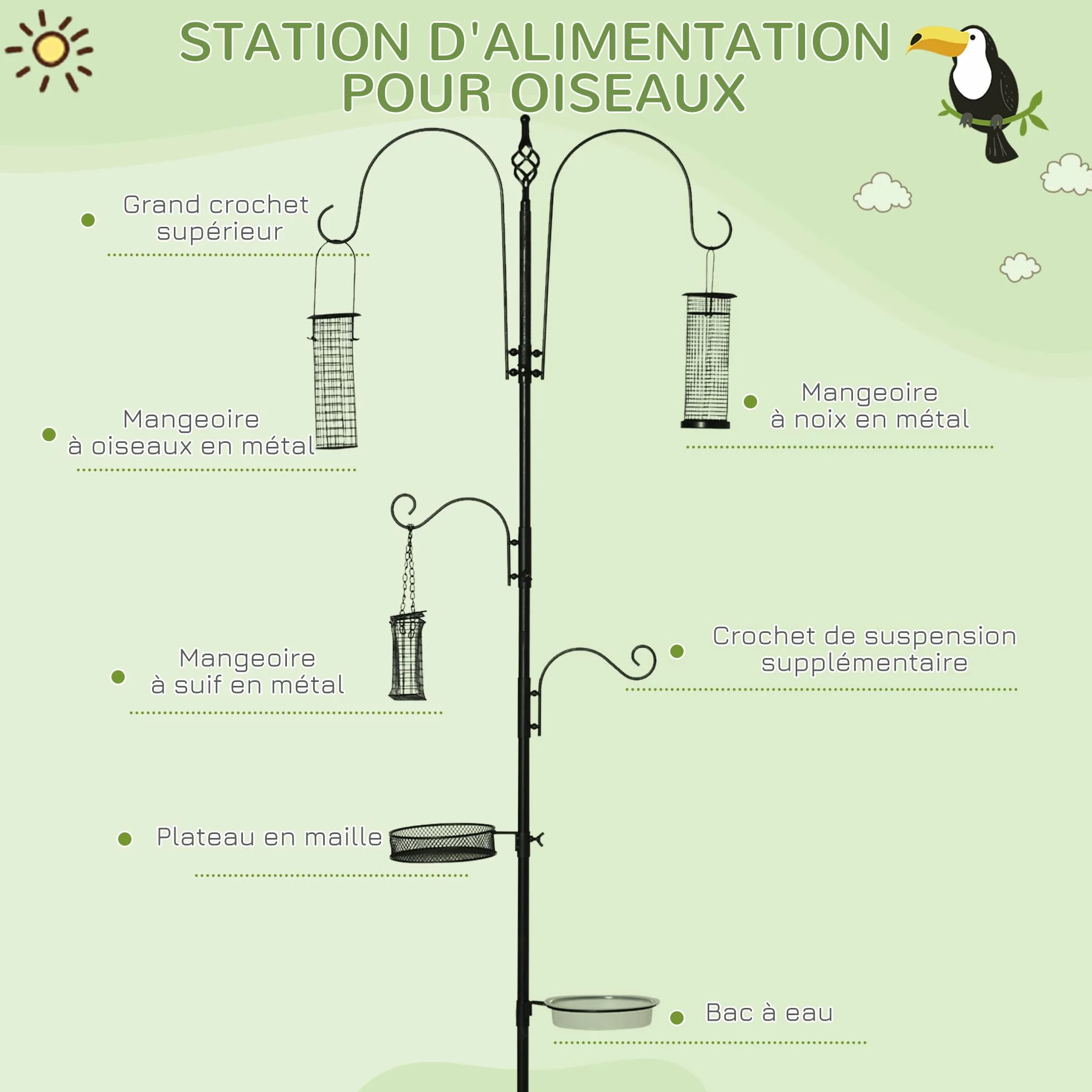 PawHut Station d'alimentation pour Oiseaux en Acier avec 4 Crochets, Mangeoir sur Pied 208H cm, Noir