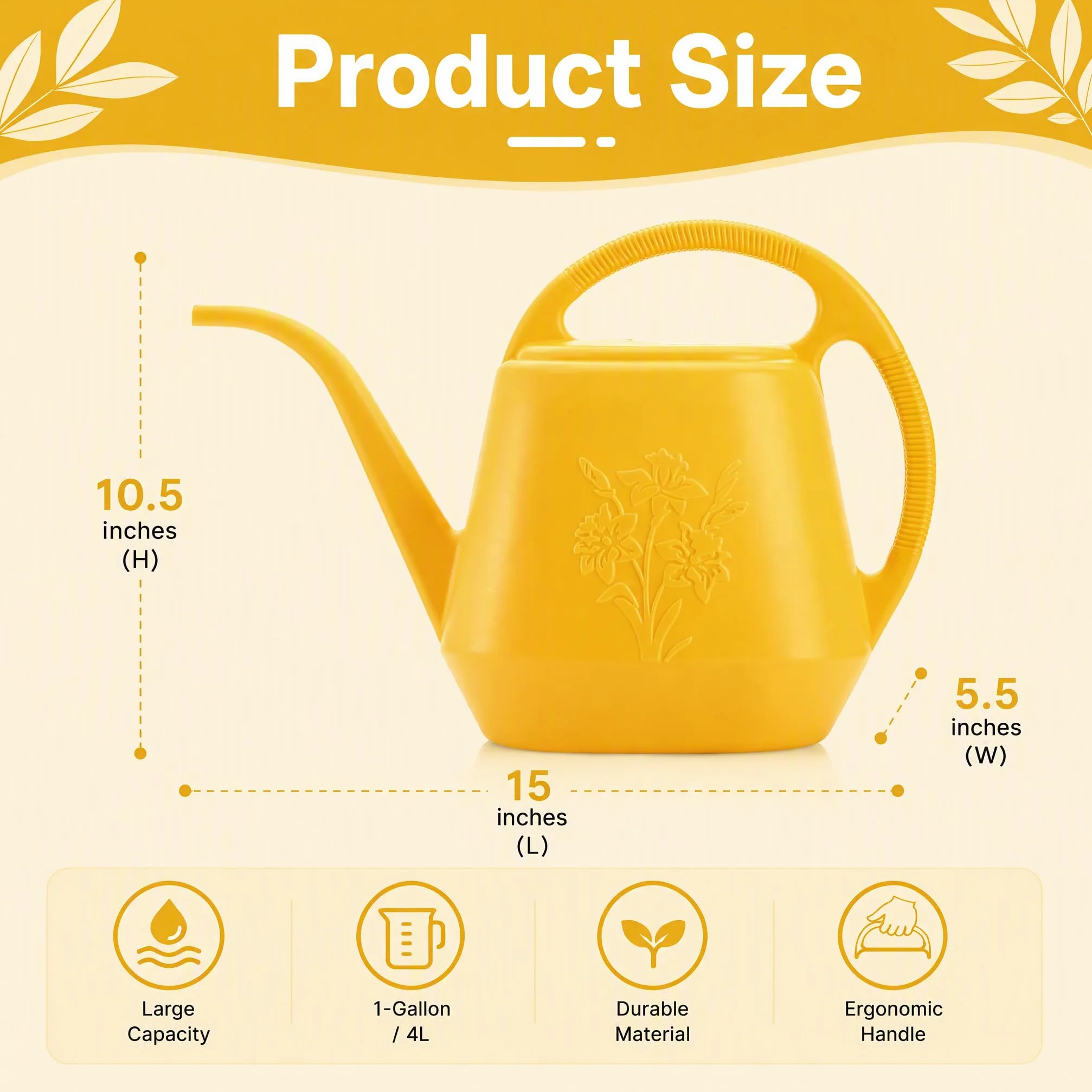 Fasmov Arrosoir en plastique de 3,8 l avec poignée confortable, arrosoir de jardin à long bec pour arroser les plantes, jaune