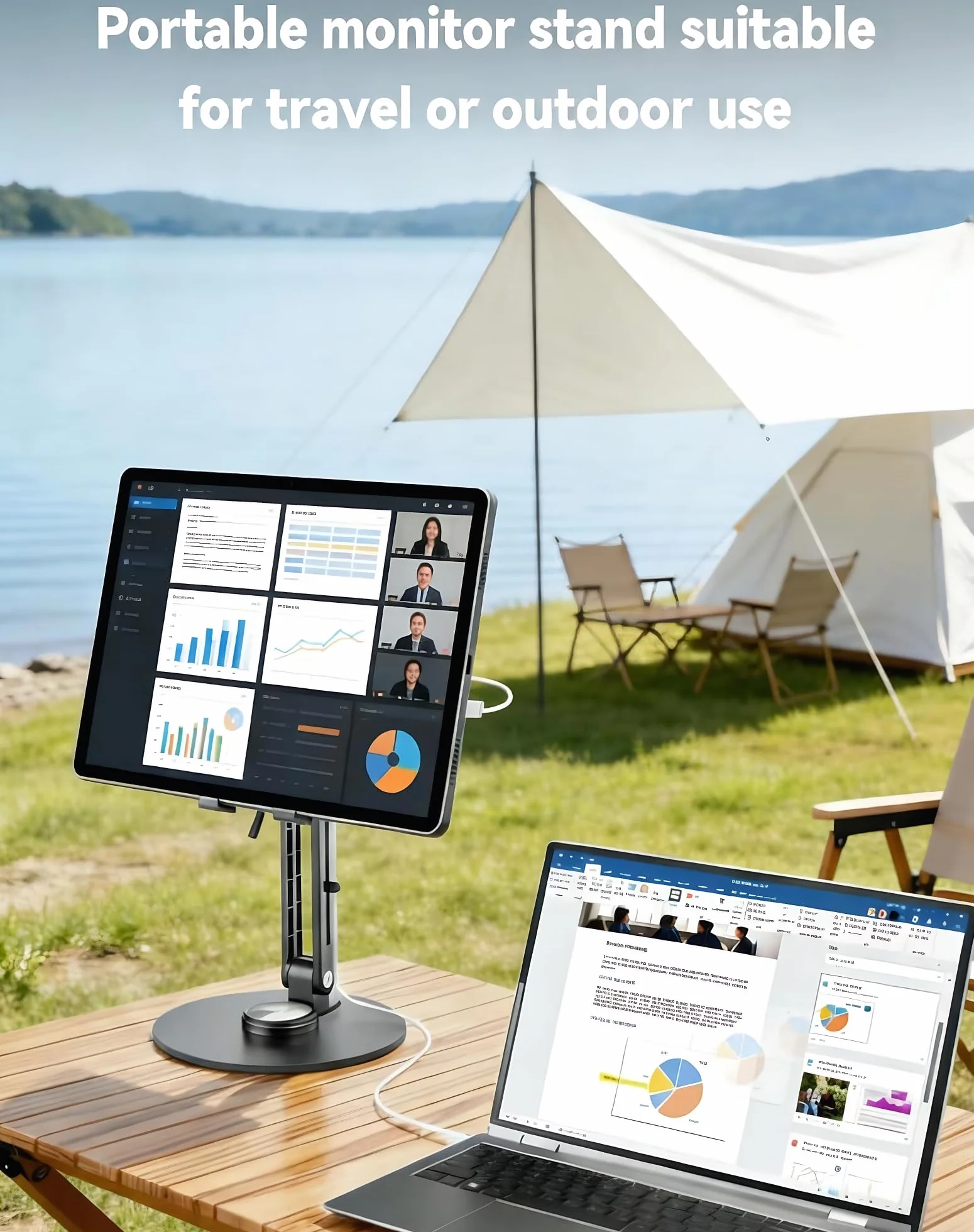 Support Tablette Écran Portable Magnétique Aluminium 360° Rotatif Pliable Réglable Compatible 4.7"-18.5" iPad Moniteur VESA 75mm