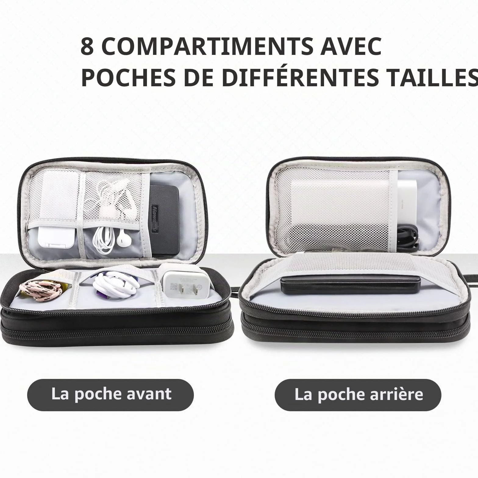 Teskyer Sac de Rangement Câble Étanche Antichoc 2 Couche Noir