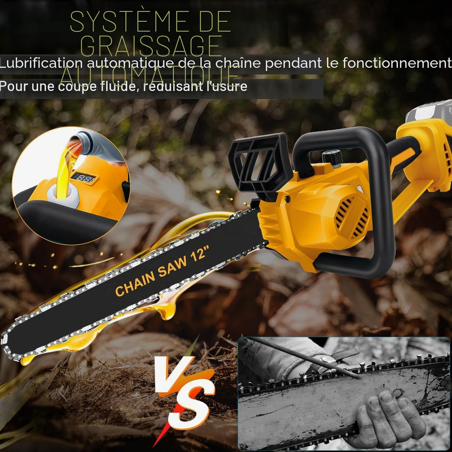 WingFly Tronçonneuse à Batterie 12 Pouces Compatible avec Dewalt 18 V, 20 V, Tronçonneuse Électrique sans Fil, Vitesse de Chaîne 10 m/s, Mini Scie à Chaîne, 2 Chaînes (sans batterie)