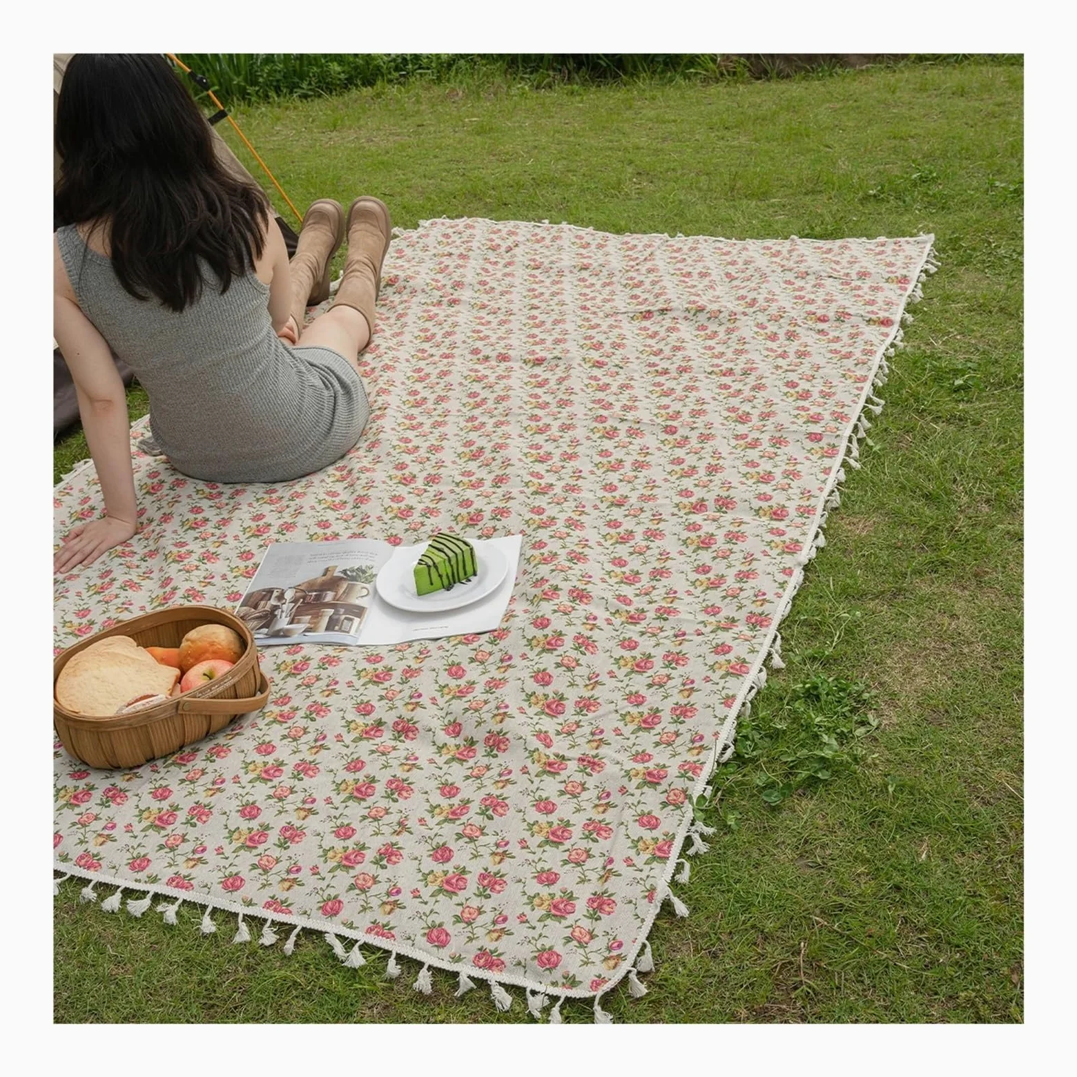 Couverture Pique Nique Tapis de Pique-Nique Pliable Style Campagne Rose, idéal for Les Voyages à la Plage, Le Camping et randonnée(140x300)