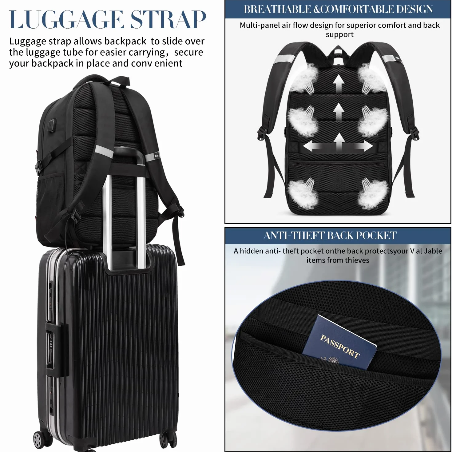 Sac à Dos Homme Grand 55L Antivol Imperméable avec Chargement USB pour Ordinateur Portable Voyage - Noir