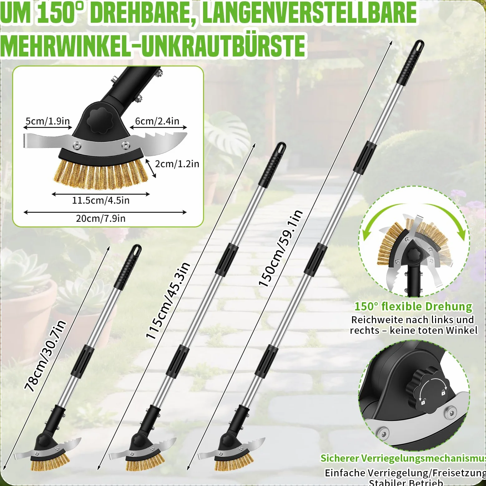 Hysagtek Grattoir à joints de jardin - Brosse à joints 3 en 1 - 150 cm - Réglable - Avec manche - Nettoyeur de joints avec brosse en mousse et 2 grattoirs en acier inoxydable - Pour escaliers