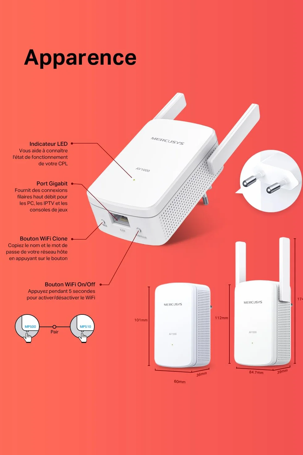 Mercusys MP510 KIT Powerline WLAN 1000 Mbit/s HomePlug AV2 300 Mbit/s Wi-Fi Gigabit