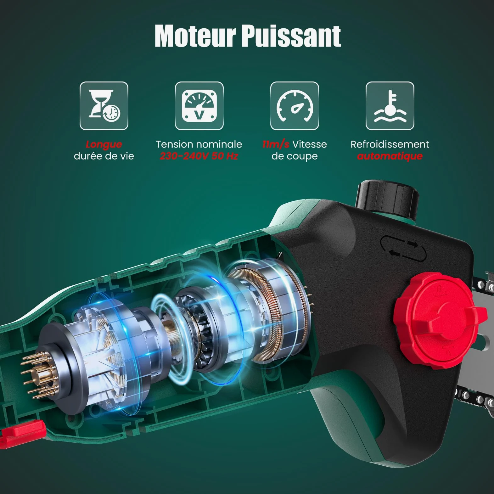 HYCHIKA Tronconneuse Telescopique Electrique 750 W, Coupe Branche Telescopique de 162 à 220 CM, Tronconneuse a Perche, Vitesse de Chaîne 11 m/s, Pole Saw pour Élagage des Arbres