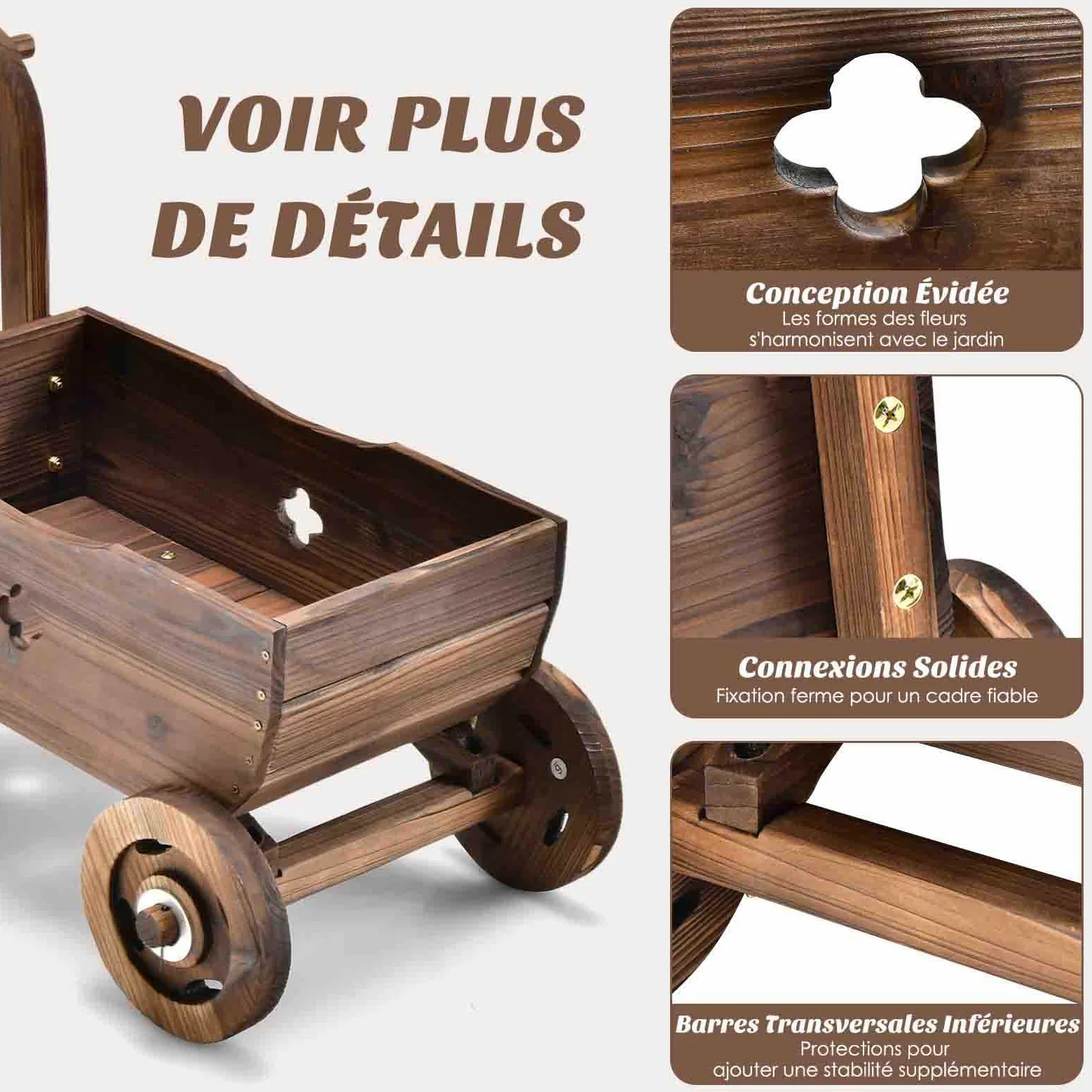 COSTWAY Brouette à Fleurs Jardinière en Bois de Sapin Carbonisé à Roues, Jardinière de Jardin avec Poignée et Trou de Drainage Charge 20KG, pour Patio Jardin Cour, 68 x 38,5 x 53,5 cm