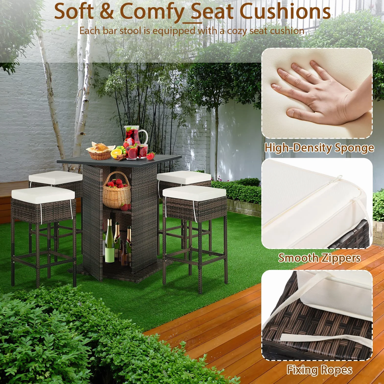 GIANTEX Ensemble de bar extérieur en rotin 5 pièces, table et 4 tabourets hauts avec coussins amovibles