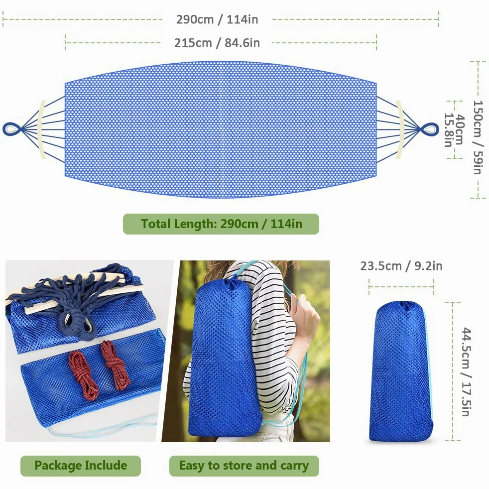 Hamac Filet Suspendu, Hamac de Camping et Jardin Léger et Frais pour Intérieur/Extérieur, Terrasse, La Sieste, 290 x 150 cm, 250kg Capacité de Charge