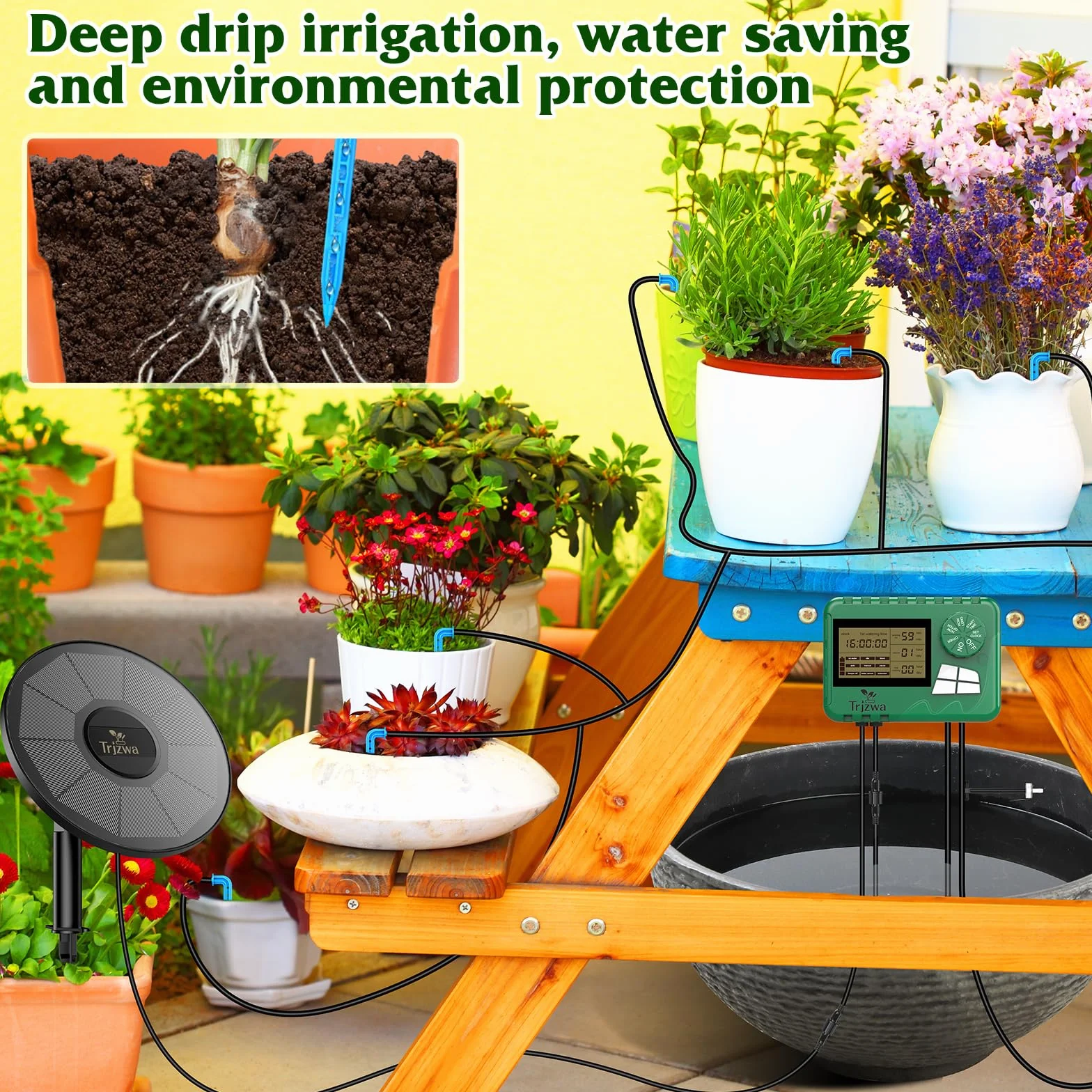 Kit D'irrigation Goutte à Goutte Énergie Solaire 2200mAh Arrosage Automatique avec 15 Goutteurs pour Jardin Balcon