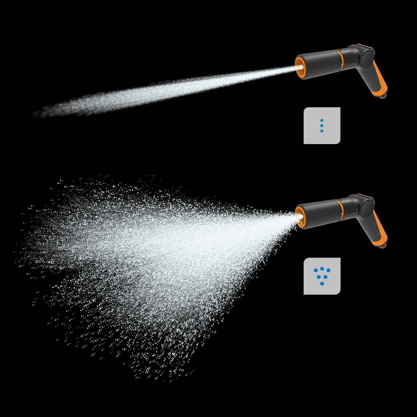 Fiskars Kit d'Arrosage, 2 Pièces, Pistolet Pulvérisateur, 2 Fonctions | Taille Universelle, Raccord de Tuyau Stop, Taille Universelle, SoftGrip, Noir/Orange/Bleu, 1065493