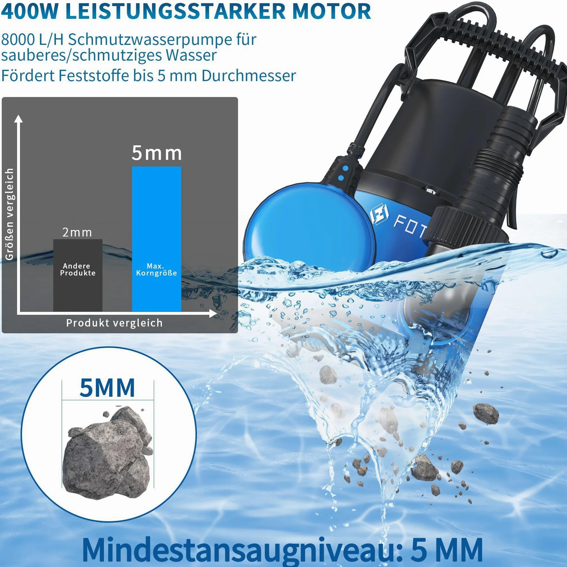 FOTING Pompe submersible 400 W, 8000 l/h, hauteur d'extraction maximale 8 m, profondeur d'immersion maximale 7 m, interrupteur à flotteur réglable, protection thermique, pour piscine, sous-sol