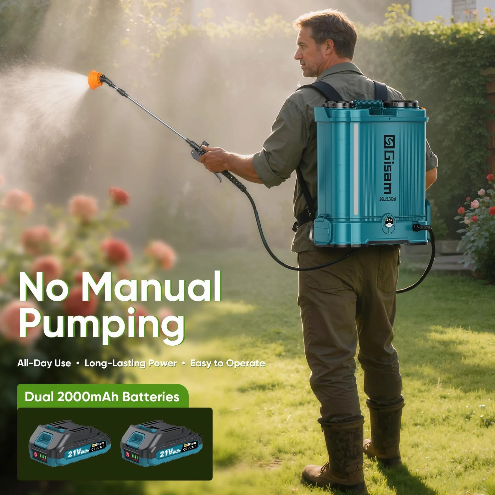 20L Pulverisateur Electrique, Pulvérisateur de Jardin 120 PSI avec 2 * 2.0Ah, 5 Buses, Perche Télescopique pour L'arrosage, La pulvérisation de Pesticides et Le Nettoyage D'appareils (Bleu-1)