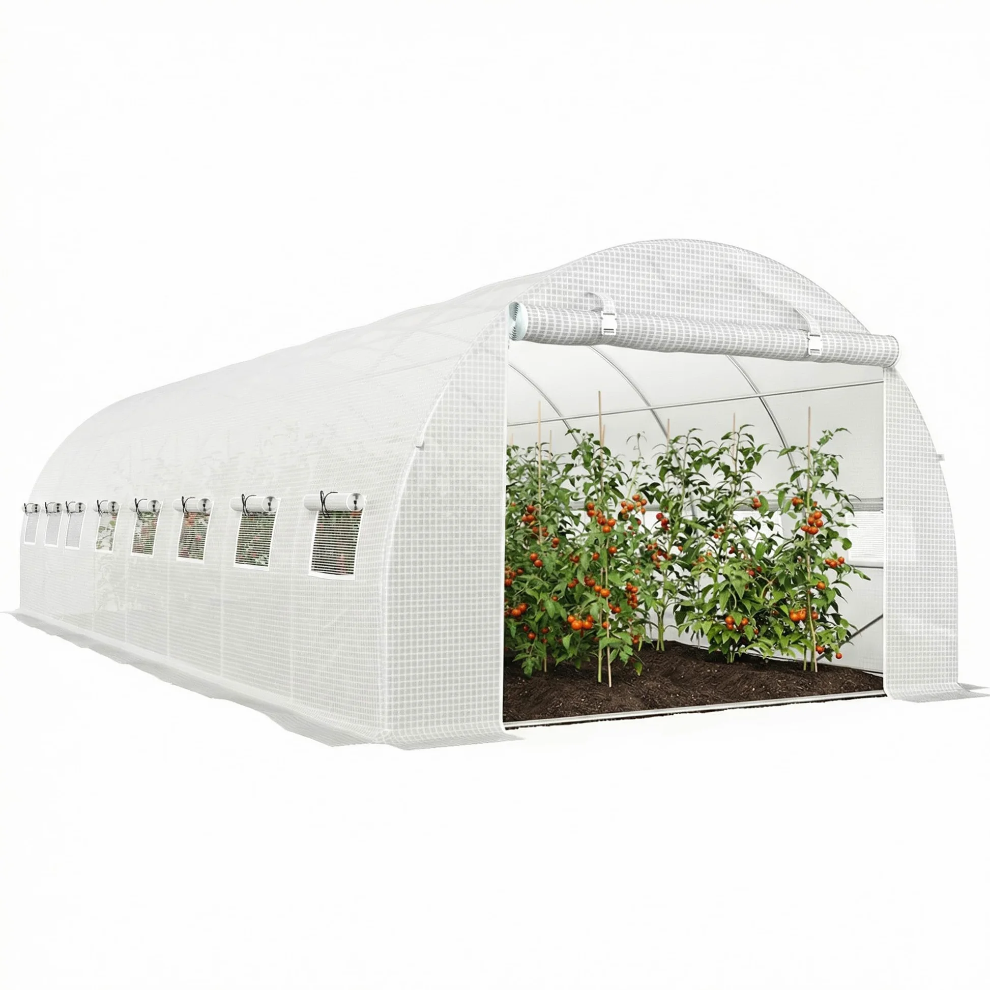 Outsunny Serre de Jardin Tunnel 24m² 8L x 3l x 2H m - 16 Fenêtres Blanc | Porte Zippée Enroulable, Châssis Tubulaire Acier Galvanisé, Bâche PE Haute Densité