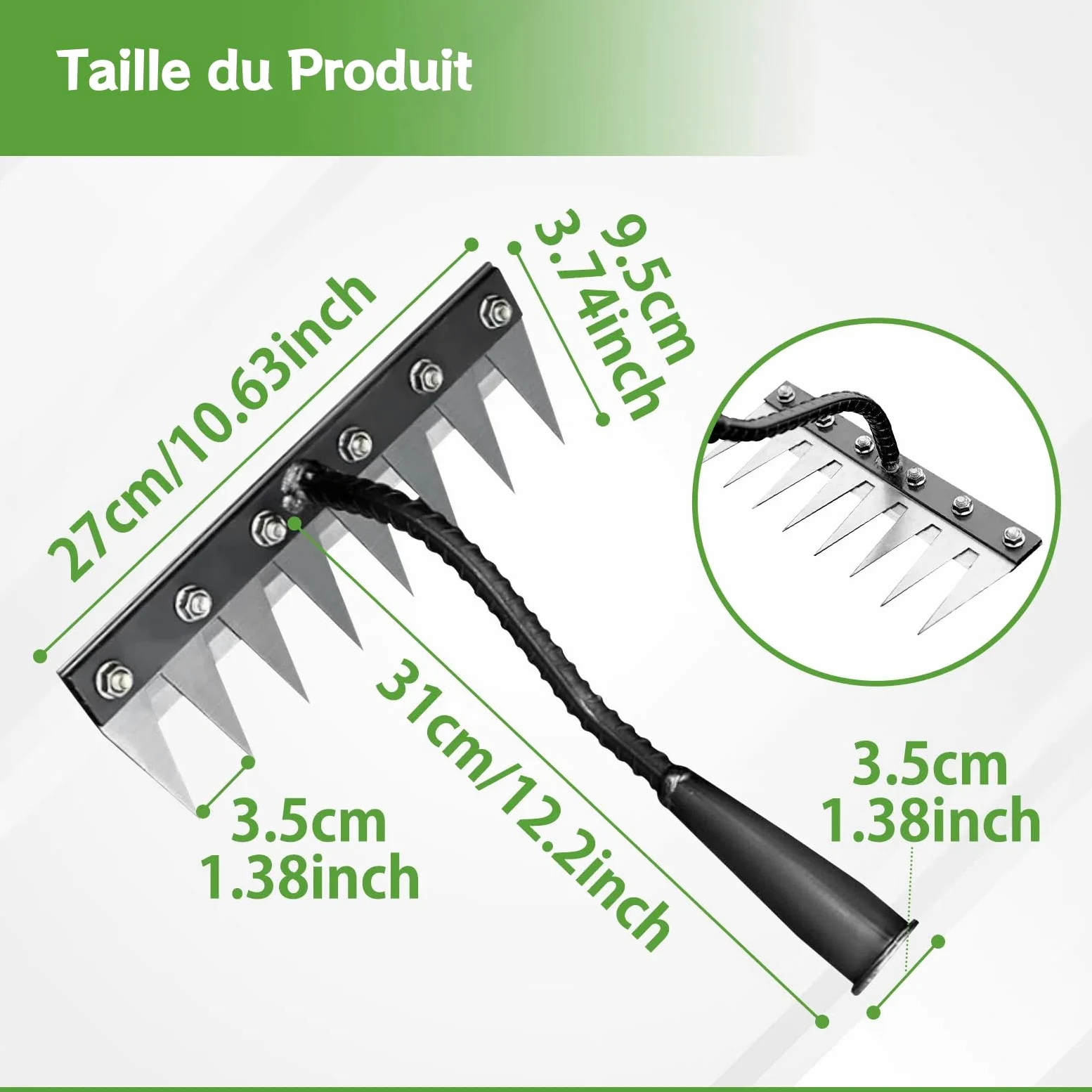 Râteau de Désherbage de Jardin en Acier Allié, Outillage Manuel de Jardin, Râteau de Désherbage avec Poignée Ergonomique pour Terre et Pelouse, 8 Dents