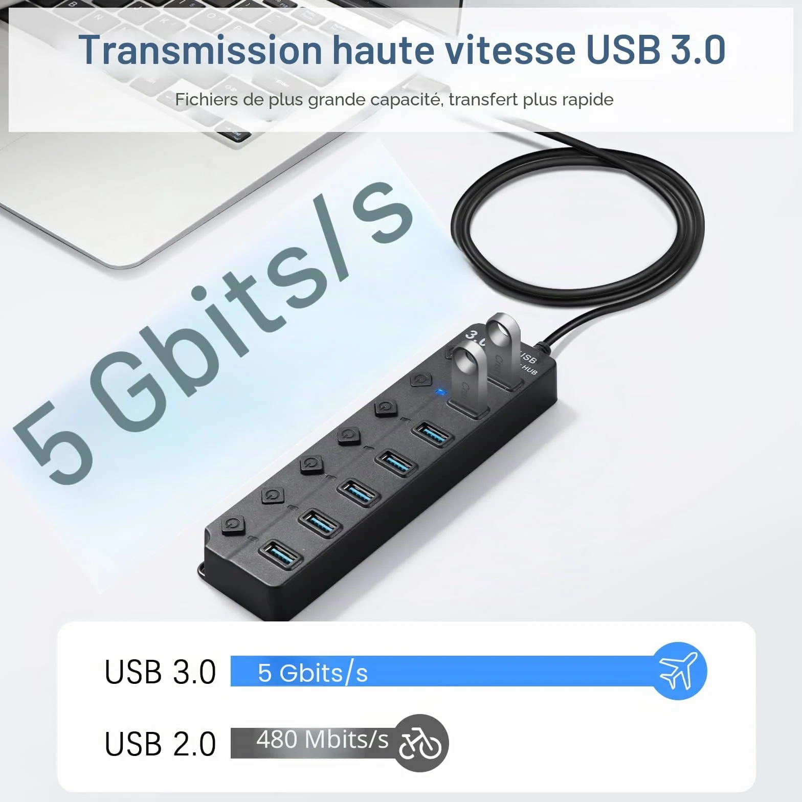 Hoppac Hub 7 en 1 Multiprise USB 3.0 2.0 Port Multiple PC Transfert Données Recharge Interrupteur LED 1M