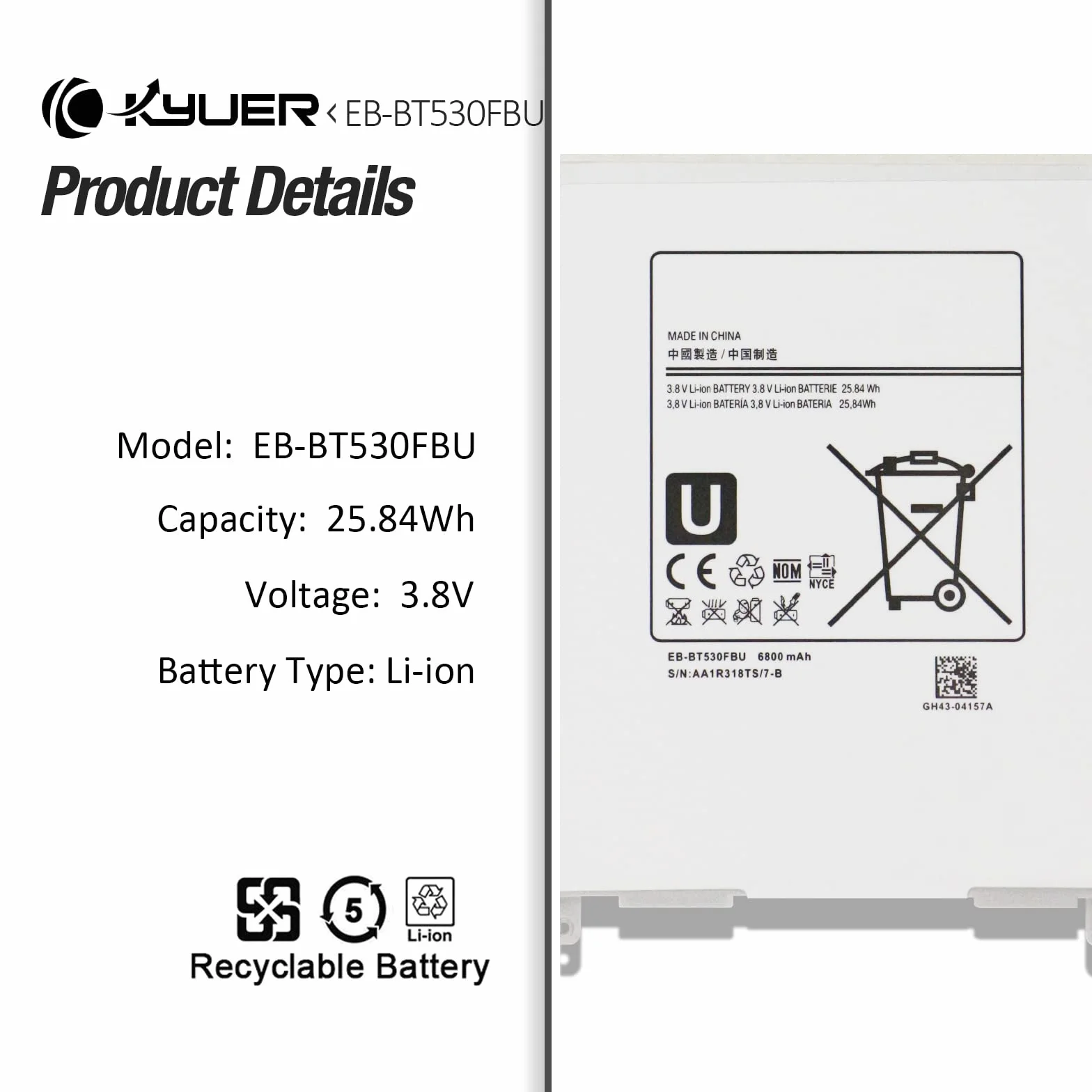 EB-BT530FBU Batterie Samsung Galaxy Tab 4 10.1 SM-T530 SM-T531 SM-T535 SM-T537 SM-T532 SM-T533 T536 T530NU T537A T537V T537R4 3G 4G/LTE WiFi