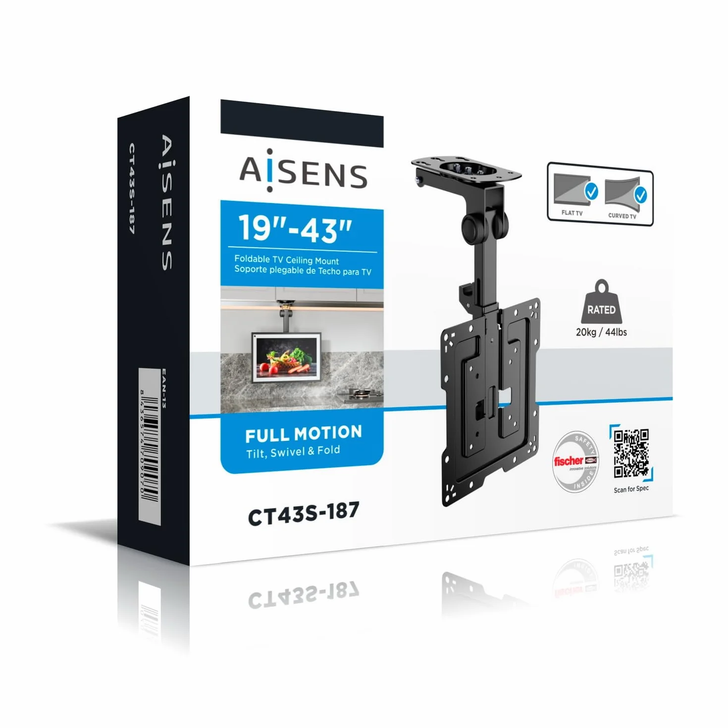 AISENS CT43S-187 Support de Plafond Pivotant Pliable pour Moniteur/Télévision 20 kg 19-43 Noir
