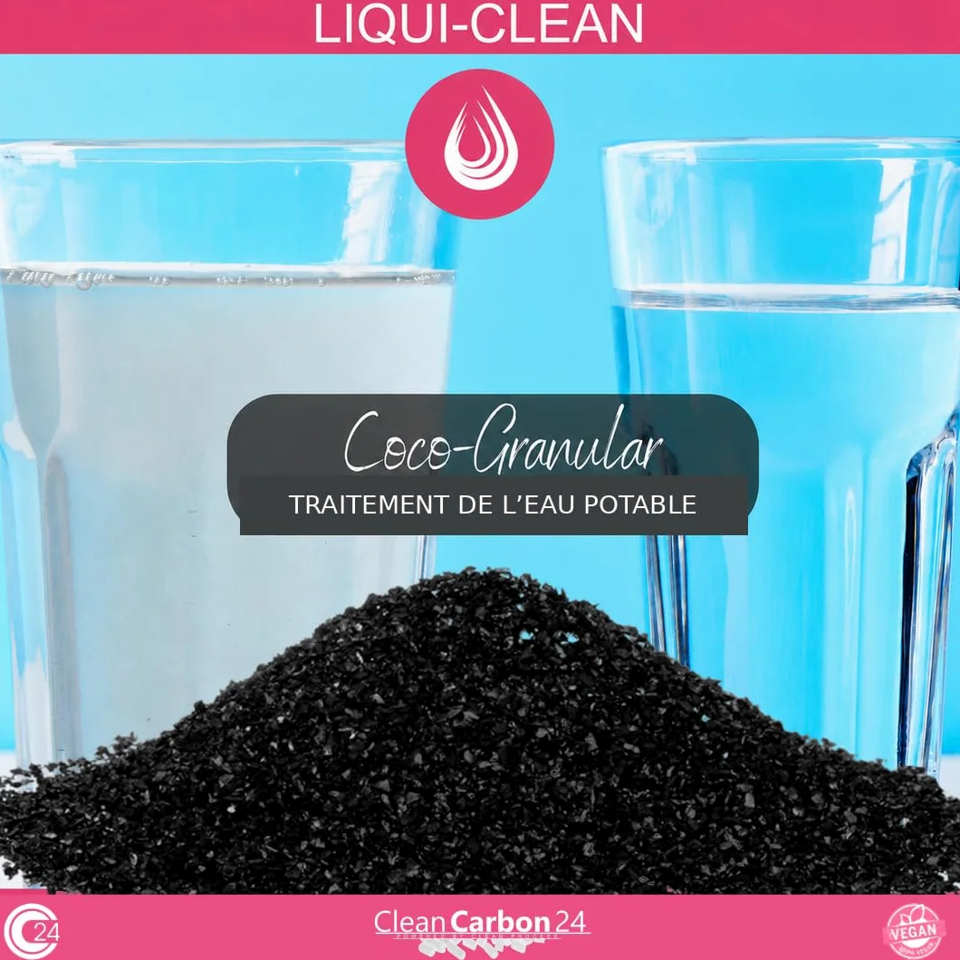 Clean Carbon 24 LIQUI-Clean Coco granulé 8×30Mesh/0,8–3,2mm, 10l | 5kg | Granulés fins 0,6–2,36 mm pour aquarium, bassin et filtration de l’eau, activés physiquement à la vapeur