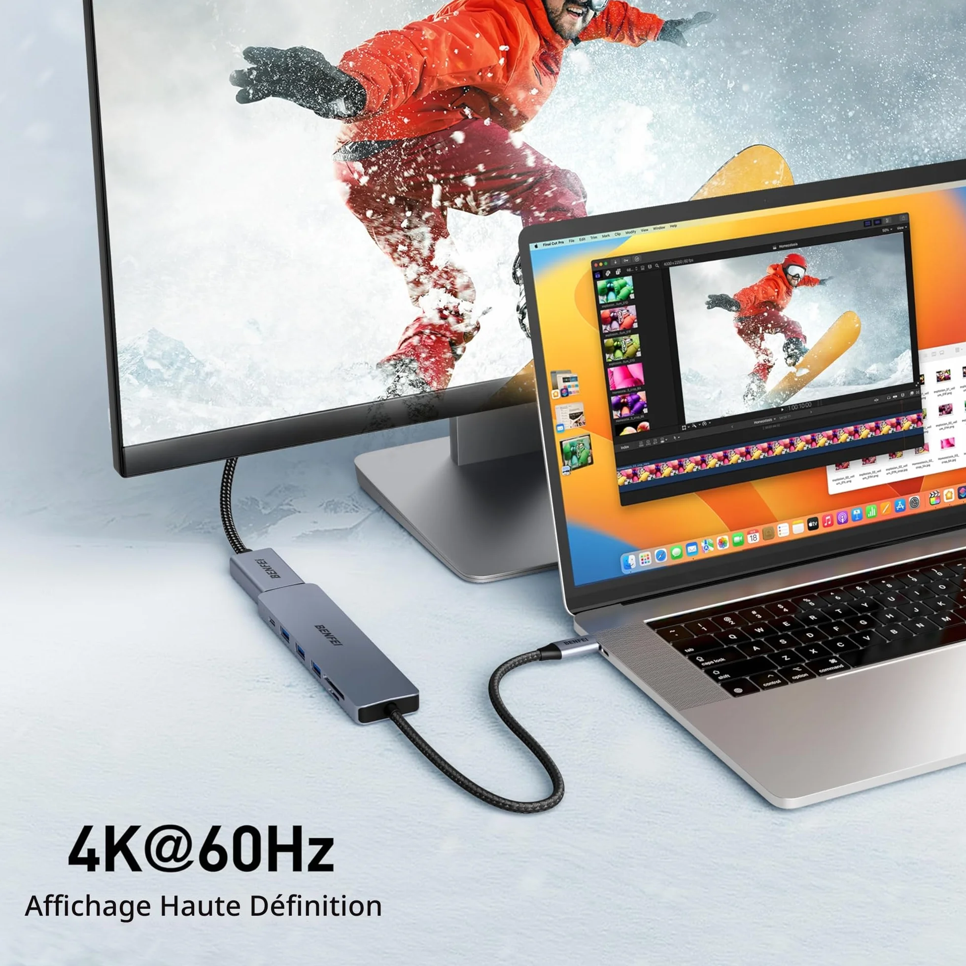 BENFEI Hub USB C 7 en 1, Adaptateur multiport USB-C avec HDMI 4K 60Hz, Alimentation 100W, USB 3.0 5Gbps, Lecteur de Carte SD/TF 160 Mo/s pour MacBook iPad