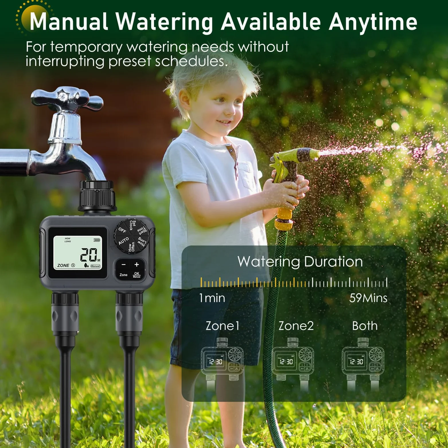 Ordinateur D'arrosage 2 Voies, Minuterie D'eau 2 Sorties avec Retard de Pluie/Mode Automatique et Manuel, IPX5 Étanche Programmateur Arrosage Connecté Minuterie D'irrigation pour Jardin Pelouse
