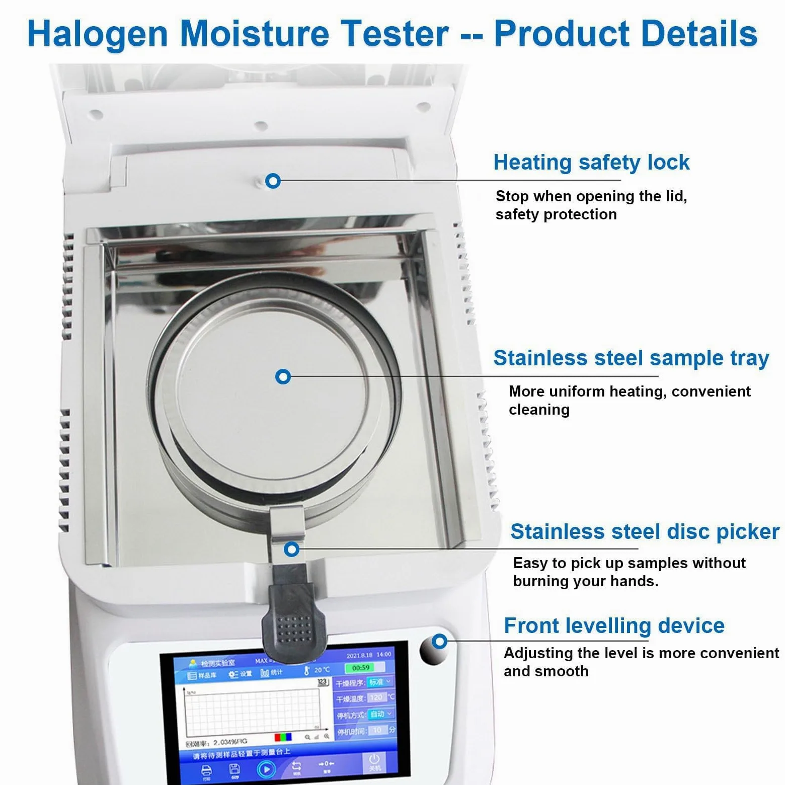 Humidimètre, analyseur halogène portable, précision de 0,01 %, 3 modes de séchage, 3 options d'arrêt, 40-230 °C, test rapide pour les aliments, les plantes et les matériaux de construction