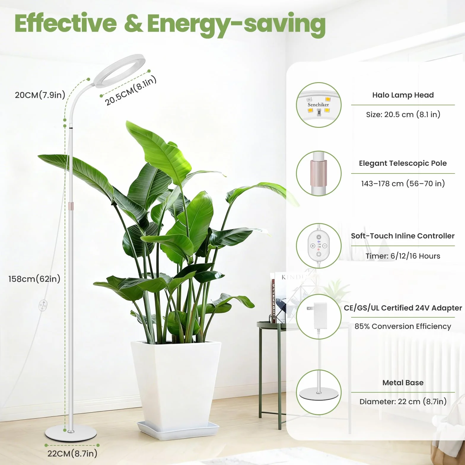 Lampe horticole LED LUMILEDS 24V 20W spectre complet 660 nm, hauteur réglable 56-178 cm, minuterie & gradation