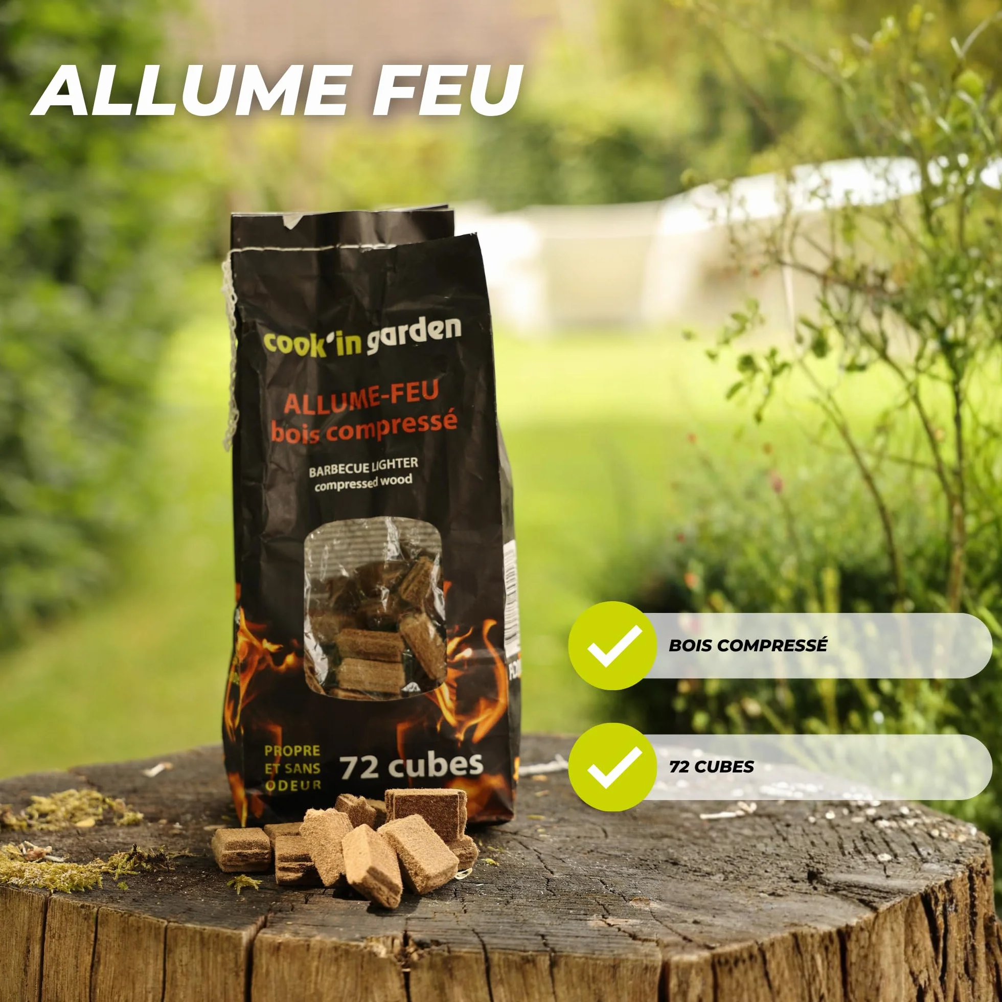 Cook’in Garden Allume-Feu Bois Compressé 72 Cubes 100% Naturels pour Barbecue Cheminée Brasero