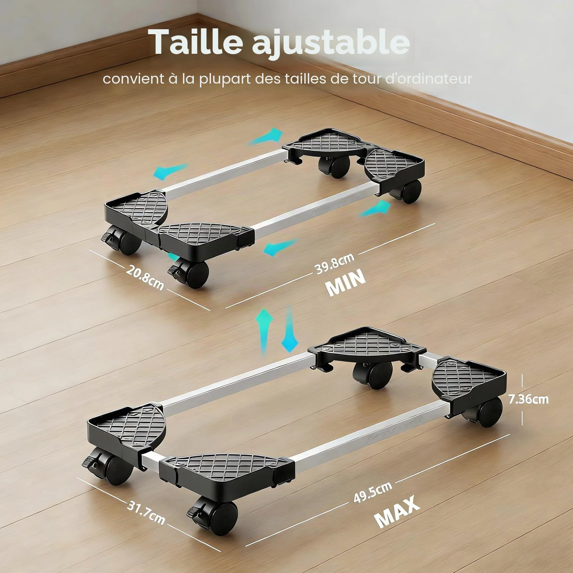 Support PC Fixe Réglable Stand avec 4 Roues Roulettes, 2 Roues Verrouillables Noir