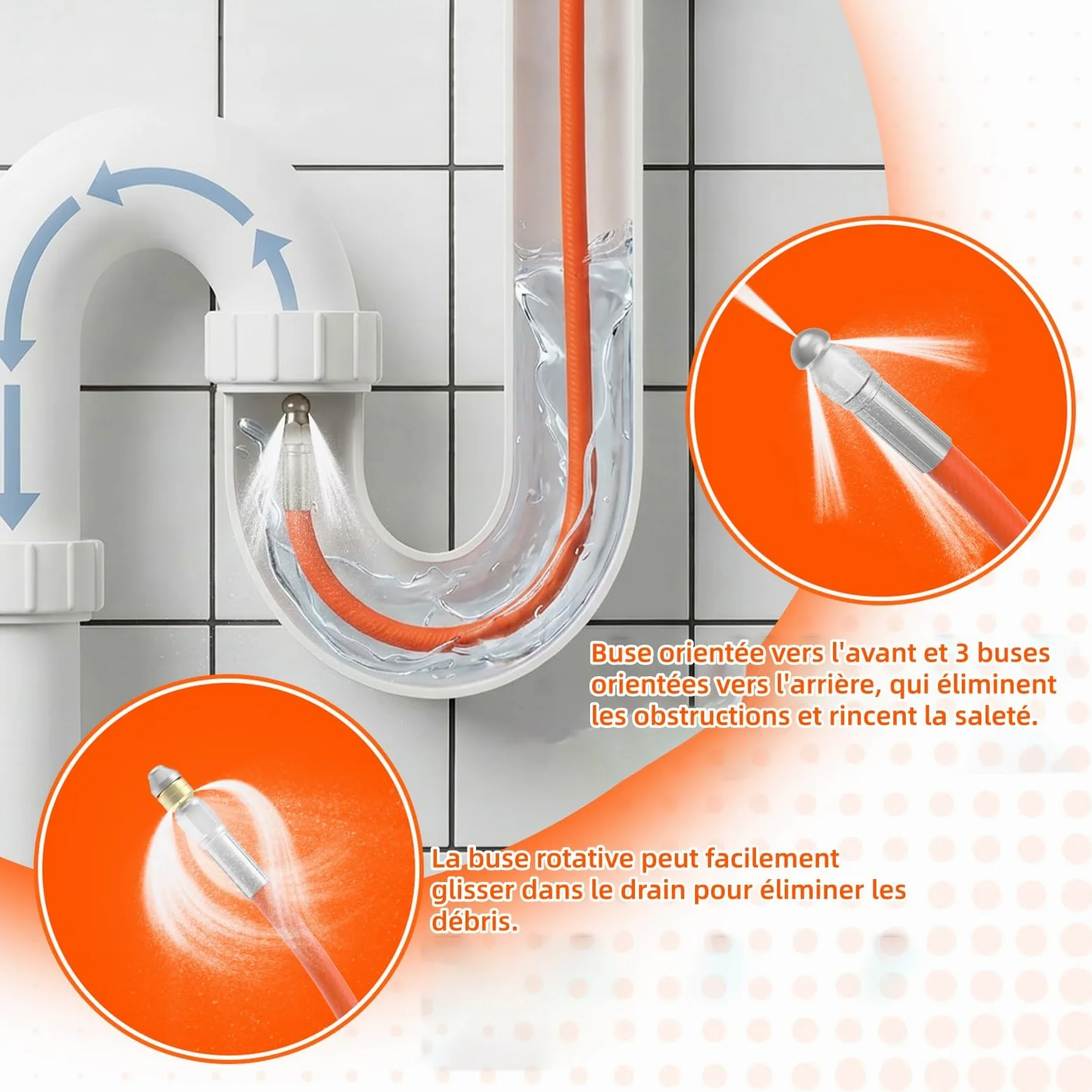 10M Tuyau Déboucheur Canalisation pour Nettoyeur Haute Pression | Pour Kärcher Série K2-K7,M22,Lavor,Bosch AQT,Kit Déboucheur avec Buses à Jet et Rotative,260BAR