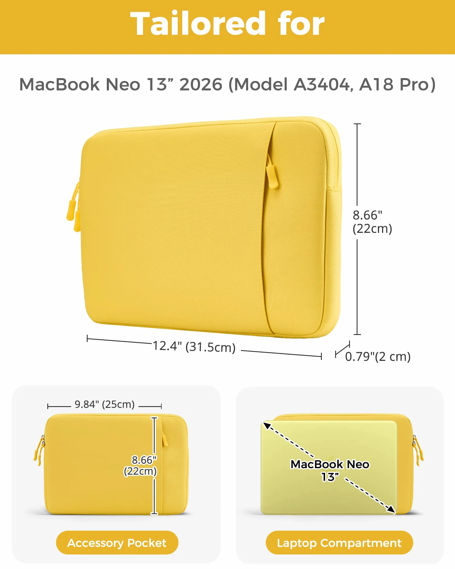 ProCase Housse MacBook Neo 13" 2026 A3404 Pochette Ordinateur Fine Légère Imperméable Jaune agrume