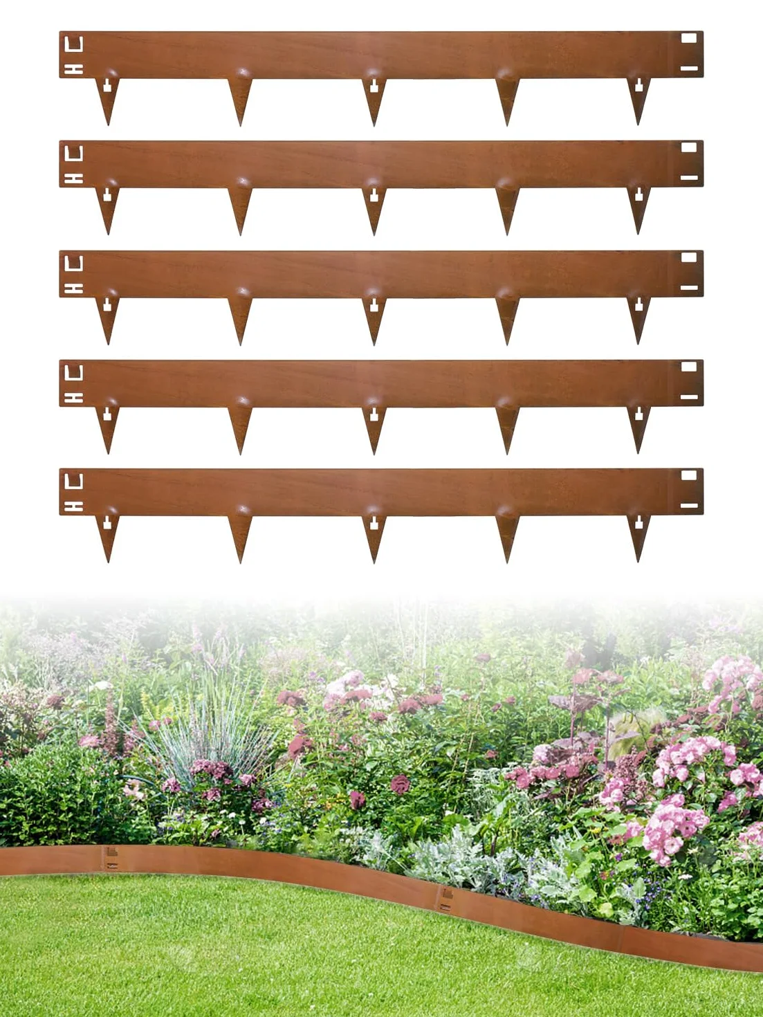 Sararoom Bordure de Jardin en Acier, Lot de 5 Bordure de Pelouse en Métal, Bordures Paysagères Flexible | Hauteur 15 cm, Bordure de Gazon en Rouille pour Séparateur de Chemin de Cour, Pelouse, Arbre