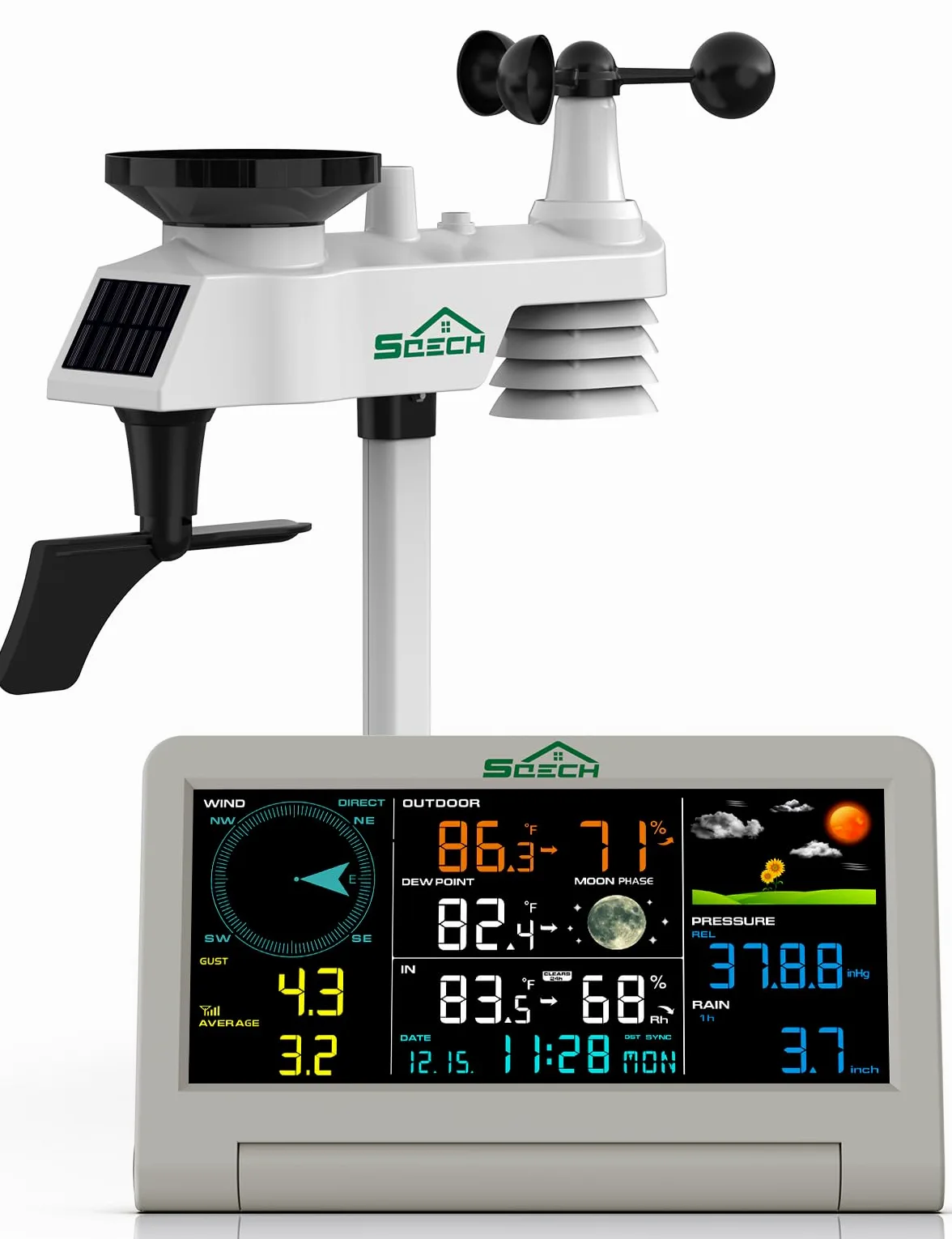 SQECH Station Meteo Interieur Exterieur Sans Fil Avec Capteur 7 en 1 | Stations Météo Professionnelle Avec Prévisions Météorologiques, Température, Humidité, Pluviomètre, Vent