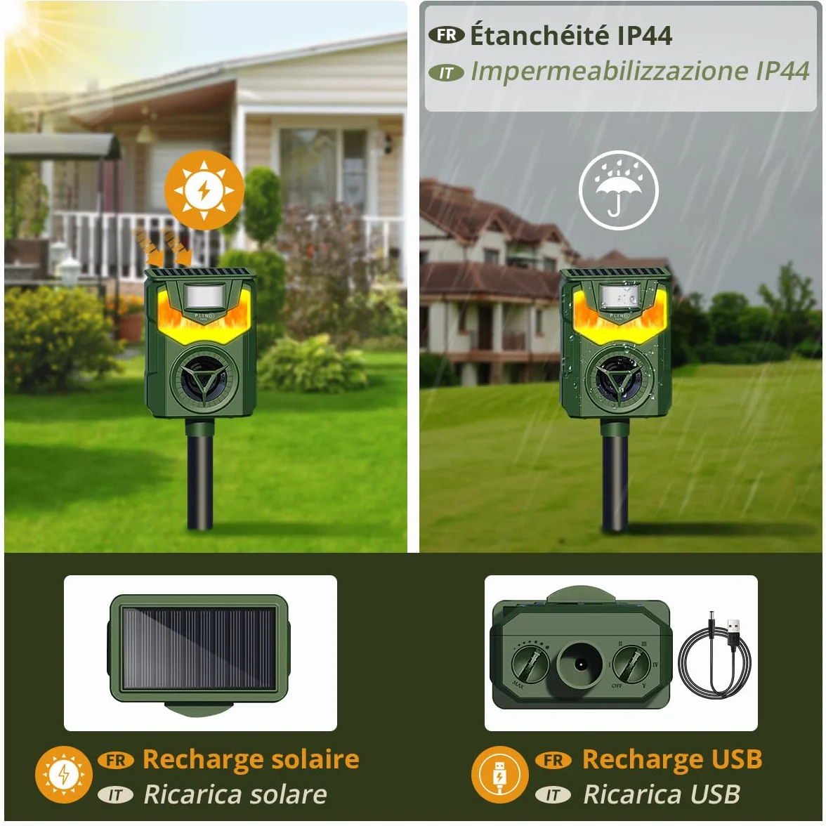 Répulsif Chat Ultrason avec Lumière Flamme LED, Recharge Solaire et USB, Étanche pour Jardin Potager, Lot de 2
