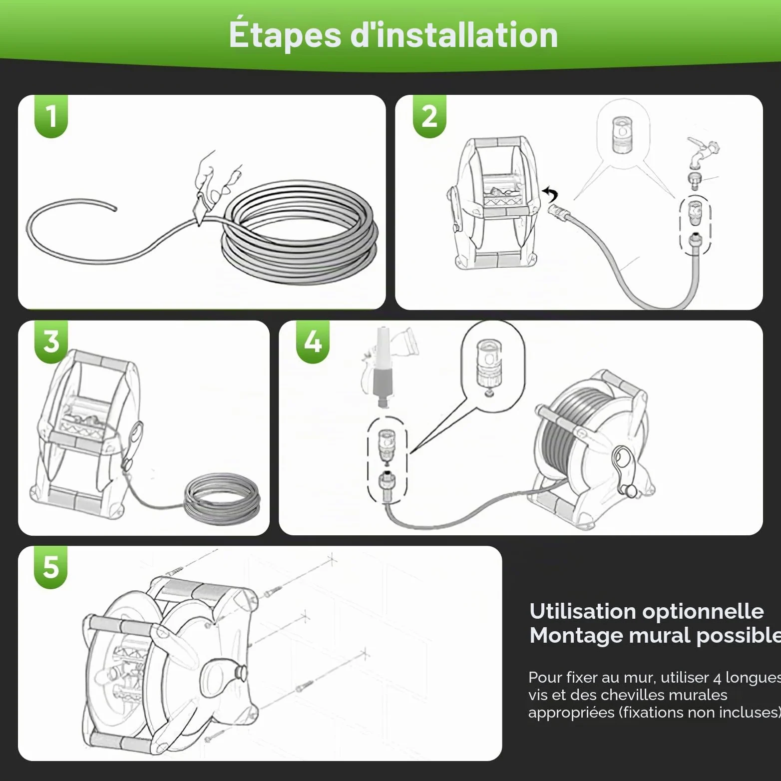 Enrouleur de Tuyau d'arrosage pour Jardin 20M, Tuyau Arrosage avec Enrouleur Mural, avec Support+Poignée-Dévidoir pour Tuyau 180° Dévidoir de Tuyaux d'Eau Buse pour Arroser Pelouse Jardin