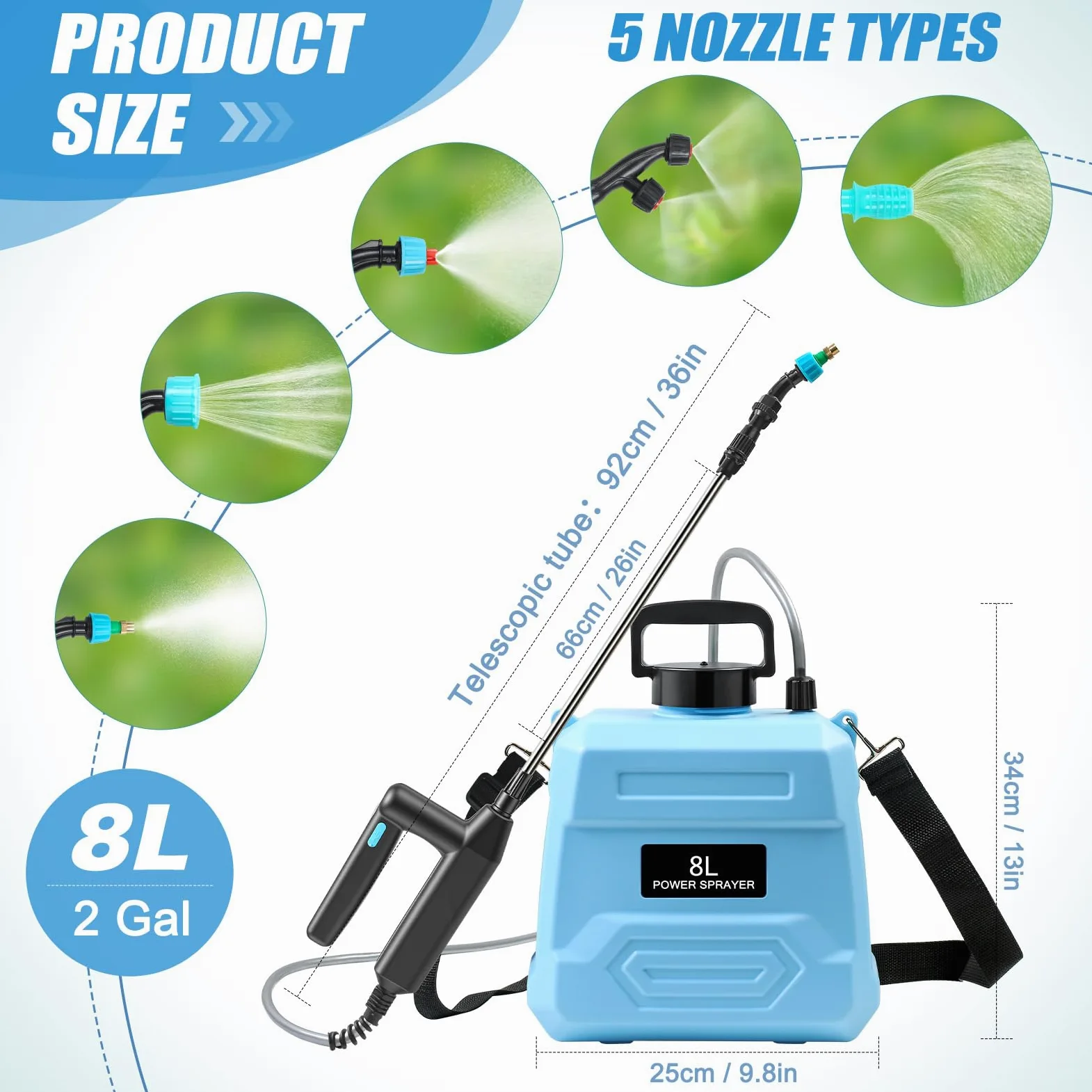 MaxAwe Pulvérisateur de jardin électrique à piles de 5 L avec poignée rechargeable par USB, pulvérisateur de mauvaises herbes avec 3 buses de brume et baguette rétractable, pulvérisateur d'eau avec