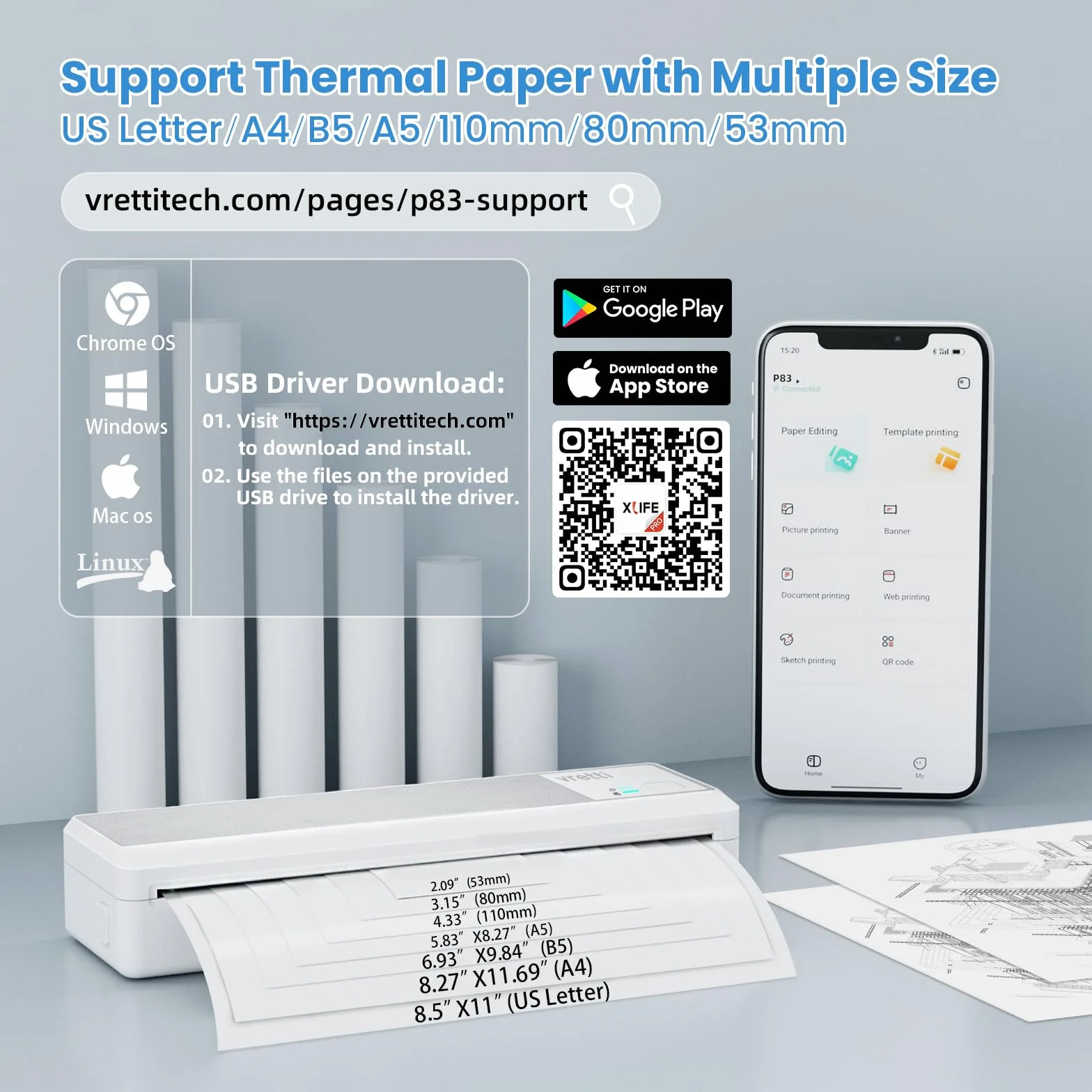 vretti Imprimante Portable Thermique sans Encre A4 Bluetooth USB