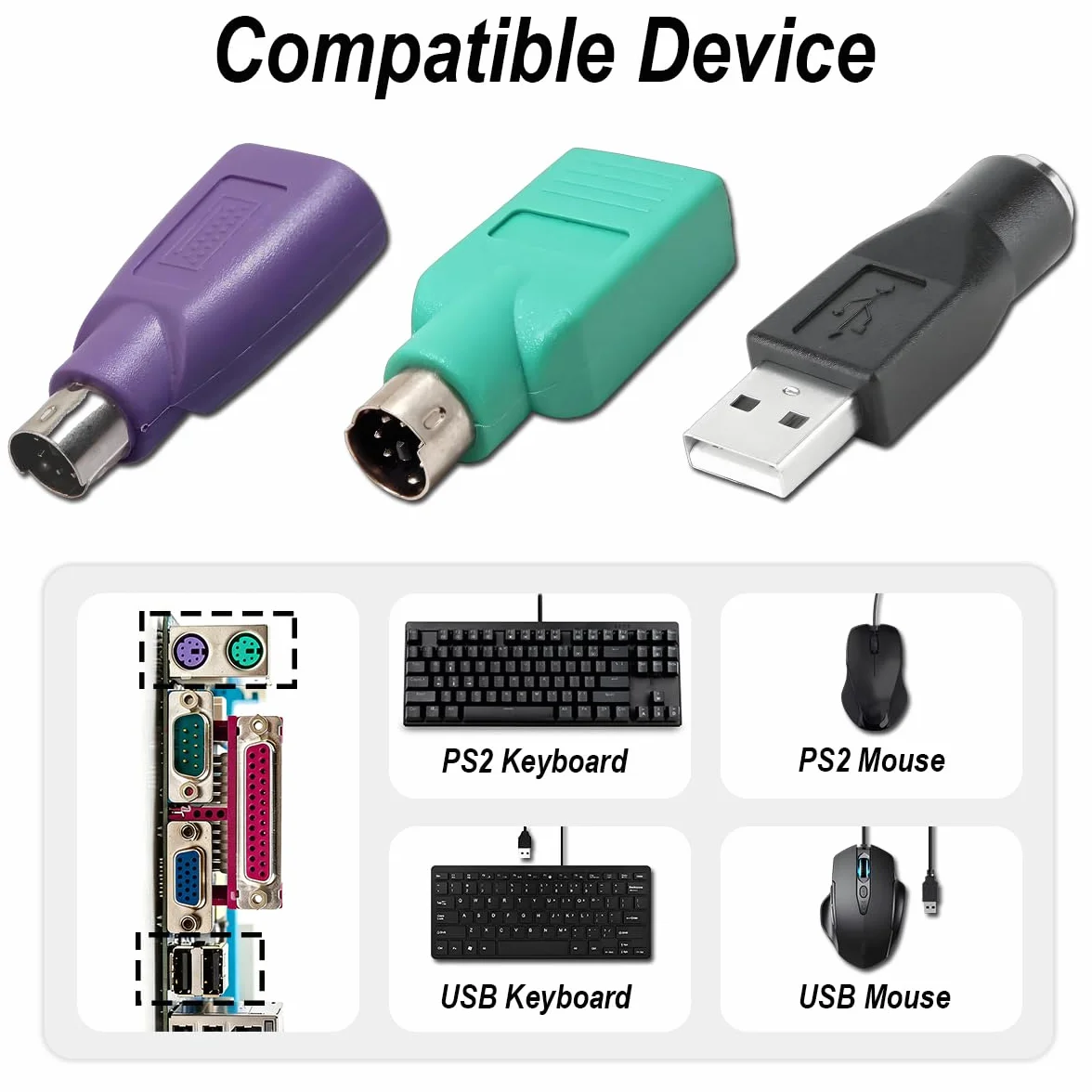 Adaptateurs PS2 vers USB Remplacement pour Souris et Clavier, Lot de 2 Convertisseurs PS2 Femelle vers USB A Mâle (Vert, Violet, Noir)