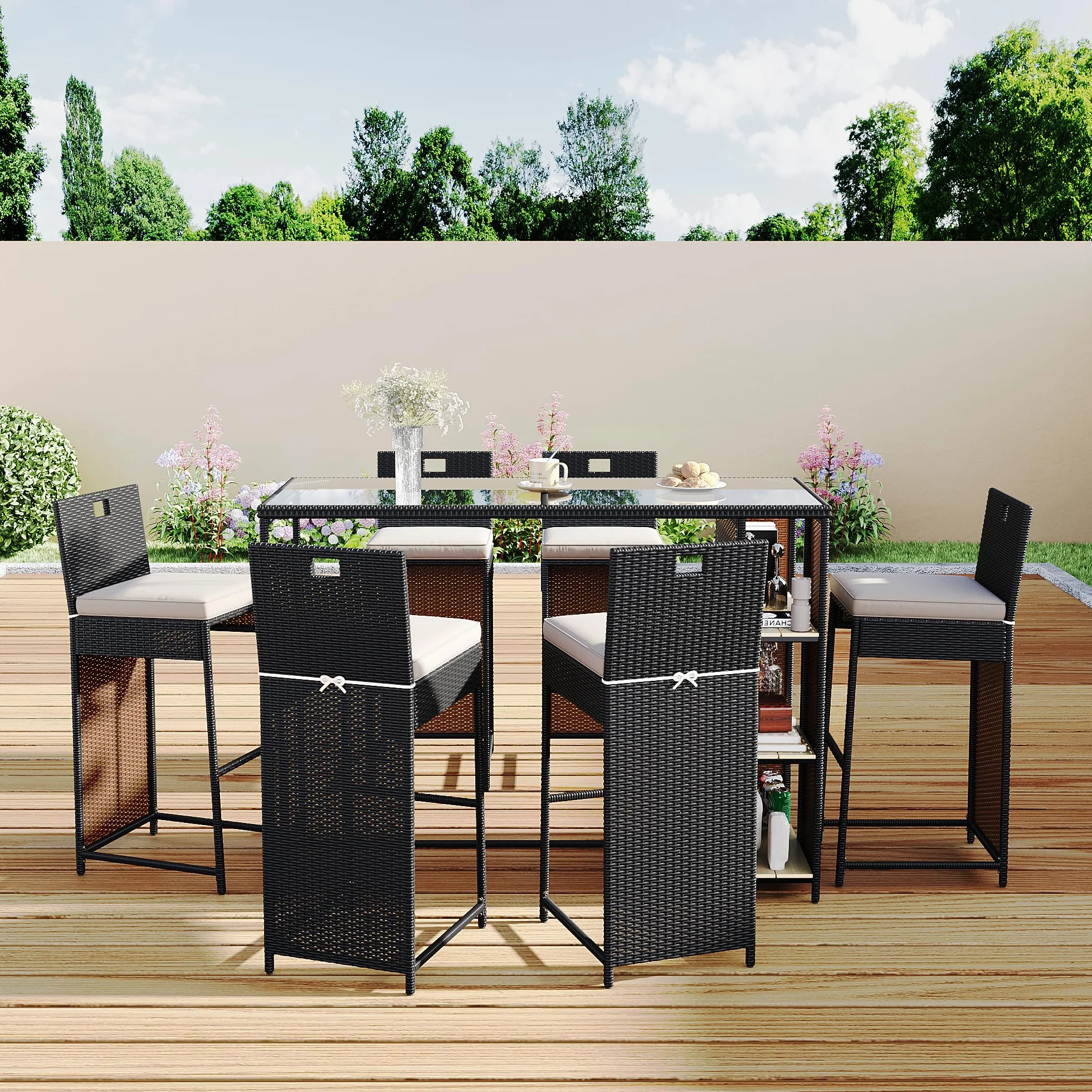 Merax Ensemble bar jardin 7 pièces 6 tabourets hautes polyrotin noir marron foncé