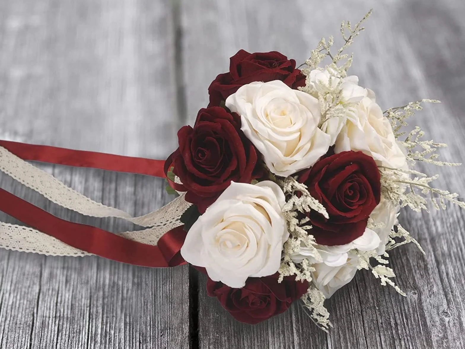 Bouquets De Mariage Champagne Blanc Rose Bordeaux Fleurs Artificielles Mariée Décoration Maison Église