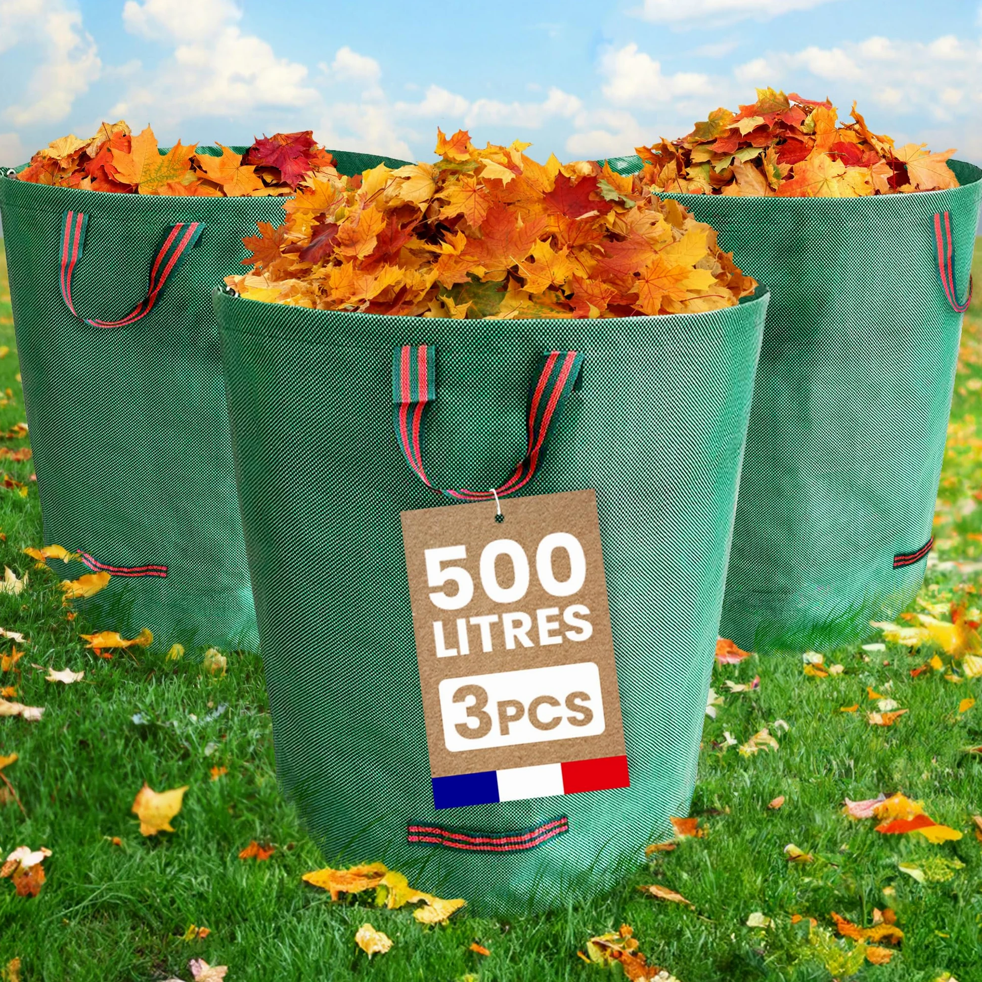 SKYLANTERN Lot de 3 * 500L Sacs de Déchets Jardin Résistants en Polypropylène – Sacs Poubelle Extérieurs avec 3 Poignées Renforcées pour Déchets Végétaux – Utile pour Déchets et Recyclage