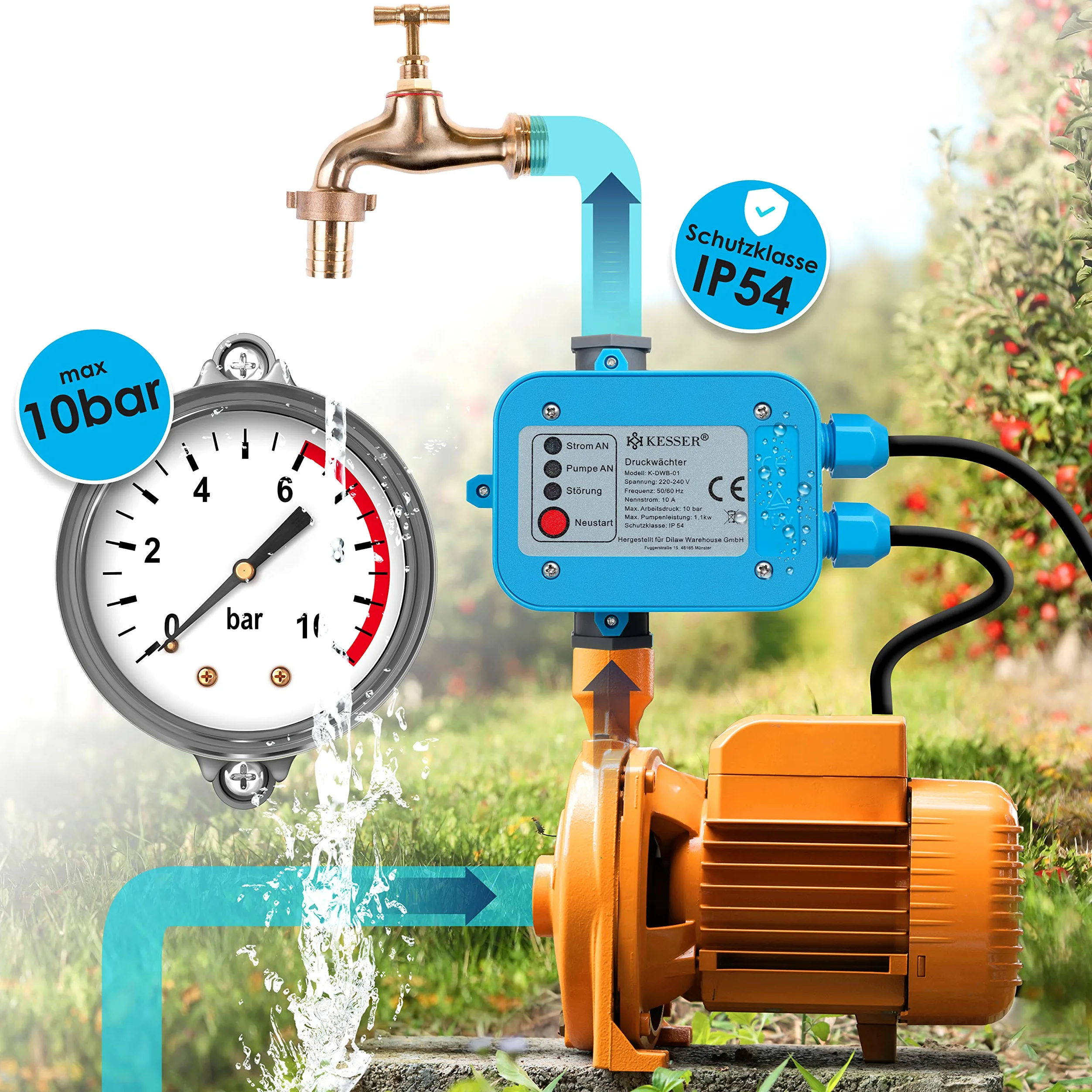KESSER Interrupteur de pression - 10 bar - Commande de pompe - Eau domestique - Arrosage de jardin - Avec câble - Pression constante de l'eau - Jardin et maison - Arrêt automatique