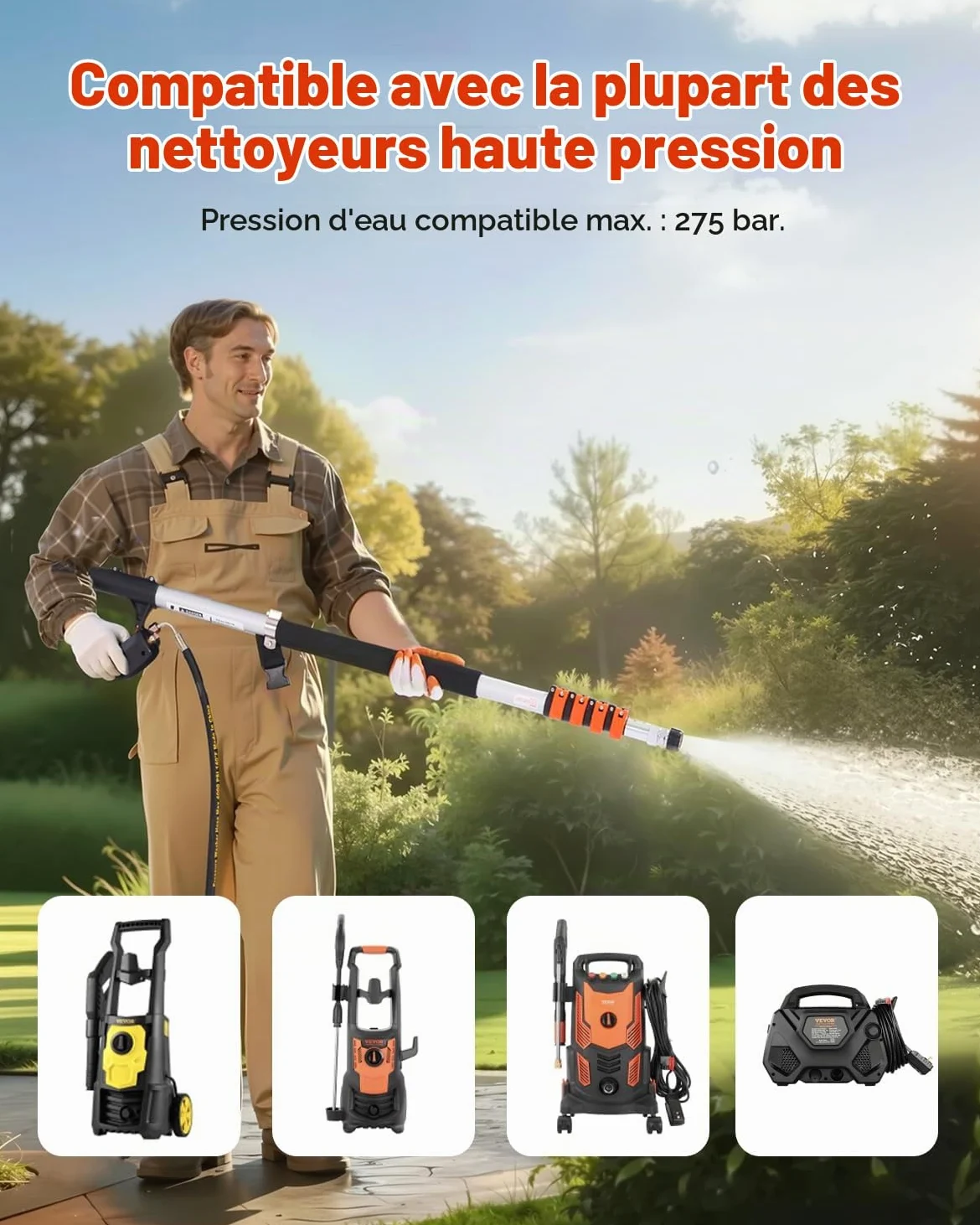 VEVOR Lance Télescopique pour Nettoyeur Haute Pression 6358 mm, Baguette Pulvérisation Télescopique 4000 psi avec Rallonges, Tête Brosse, Coupleur Pivotant, 7 Buses, Harnais de Support, pour Gouttière