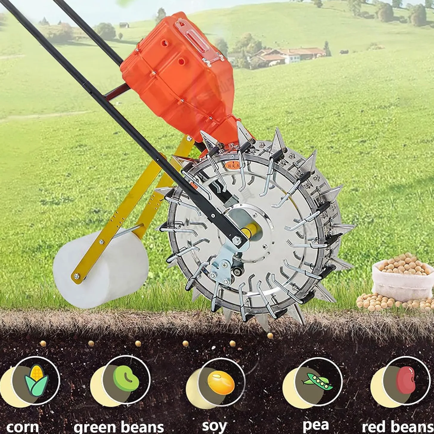 Semoir à rouleaux à poussée manuelle, semoir manuel, semoir de jardin à poussée manuelle, semoir en rangées en acier inoxydable, semoir à maïs, espacement réglable des plantes pour soja, arachide, m