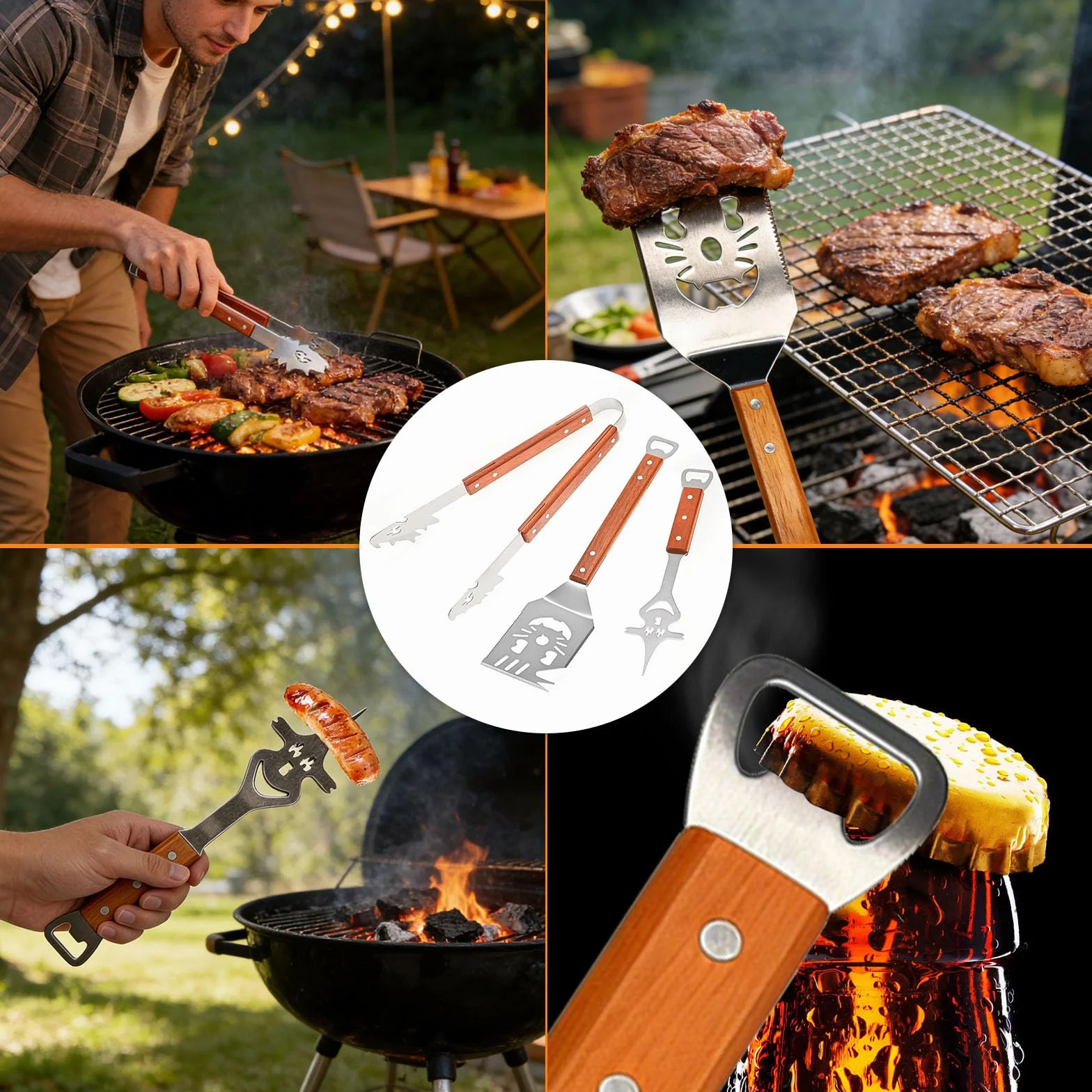 Ensemble d'Ustensiles de Barbecue Extra Longs en Acier INOX avec Poignée en Bois