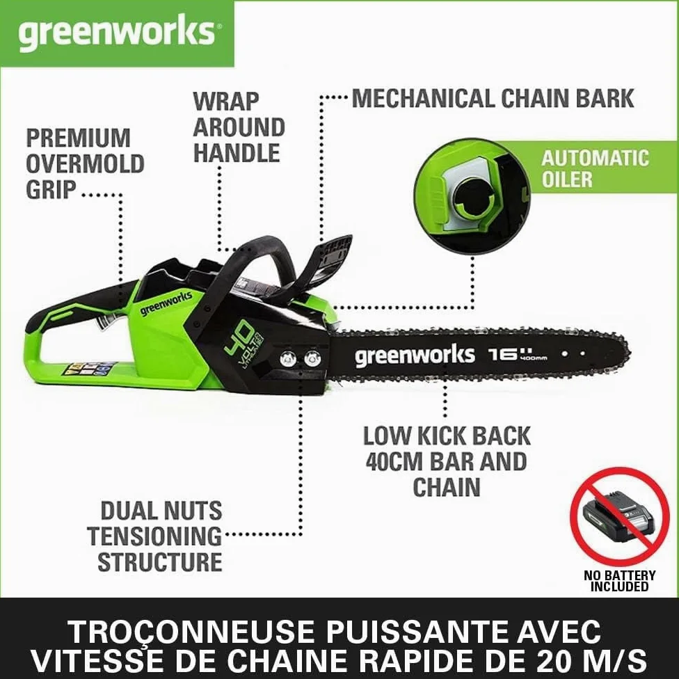Greenworks GD40CS18 Tronçonneuse à Batterie avec Moteur Sans Balais, Longueur du Guide-Chaîne de 16-Pouces (40 cm), SANS Batterie 40V et Chargeur + Greenworks 40cm Chaîne